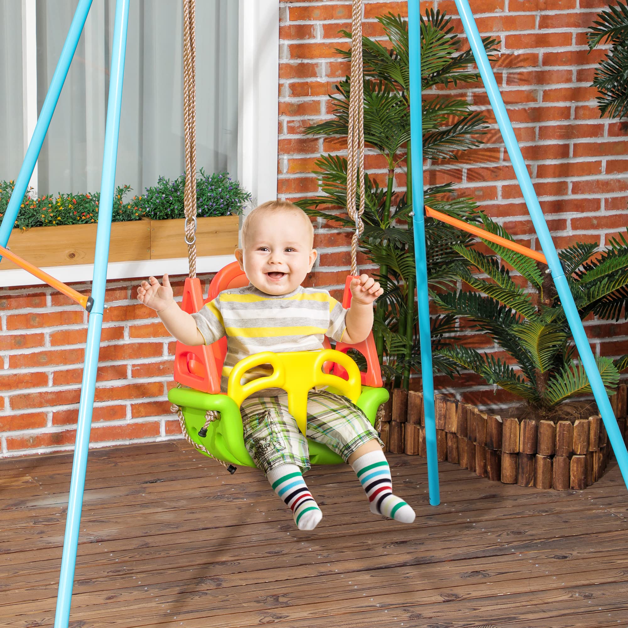 Outsunny Babyschaukel 3 in 1 Kinderschaukel Babysitz verstellbar Mitwachsend Schaukelsitz mit Rückenlehne, für Kinder von 9-36 Monaten, für Outdoor & Indoor, Grün