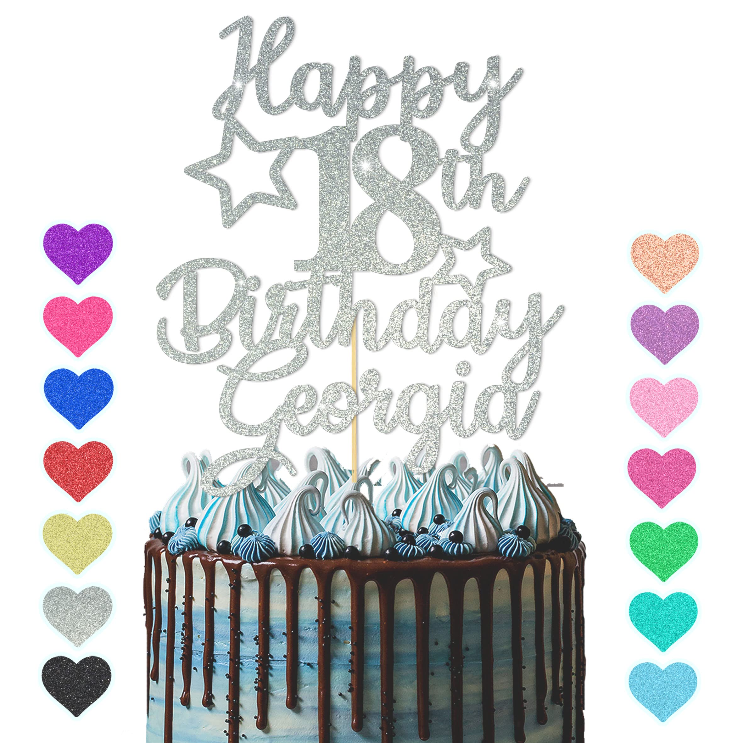 GuteGifts Personalised Happy Birthday Cake Topper | Custom Party Decoration with Any Name Age | Multicolour Glitter Cake Topper 13th 16th 18th 21st 30th 50th 60th 80th Handmade in UK (Silver)