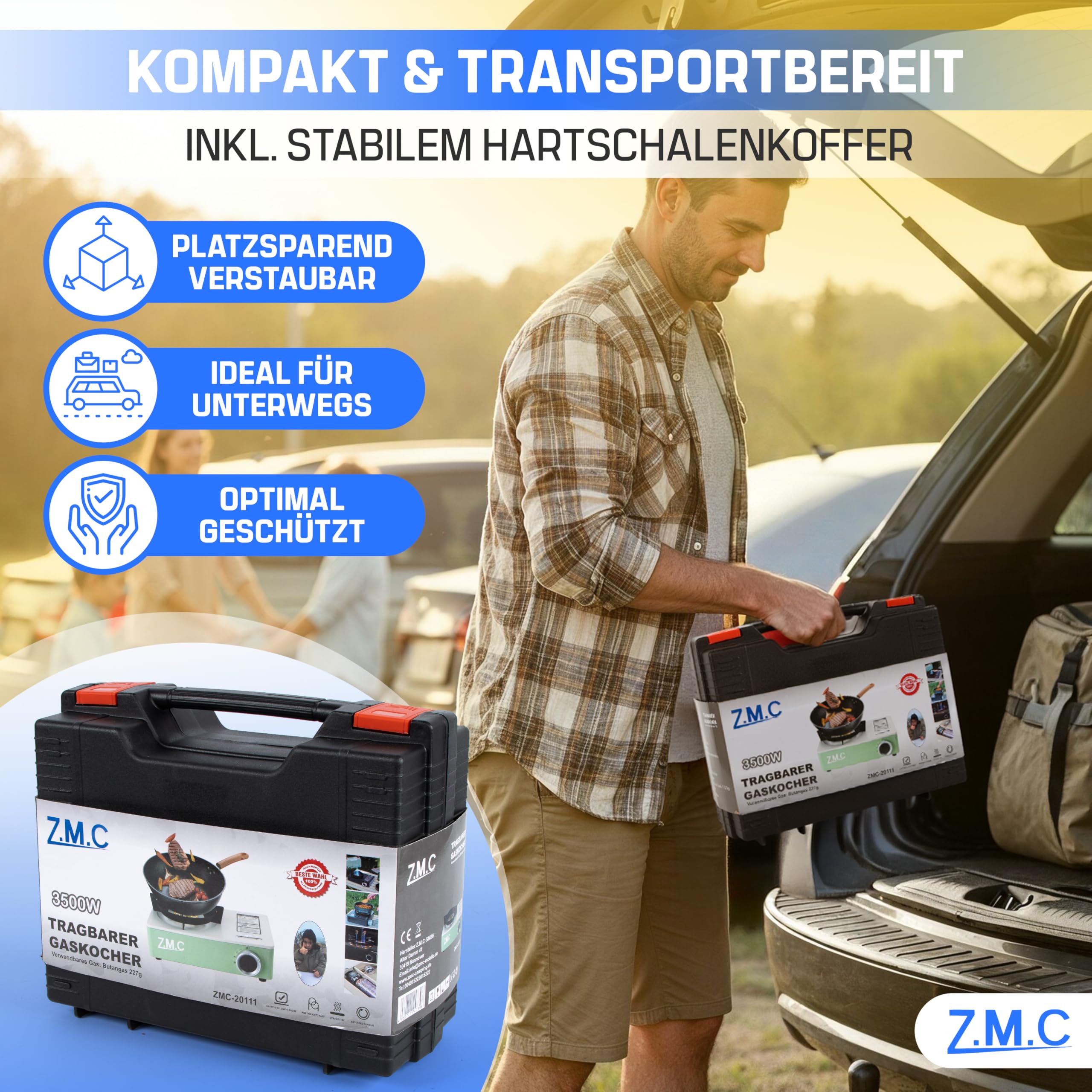 Z.M.C Gaskocher 1-flammig 3,5 kW inkl. 8x Gaskartuschen 227g | 3-Brenner & Piezo-Zündung | Campingkocher mit Transportkoffer | kompakt 1,4 kg | Camping Outdoor