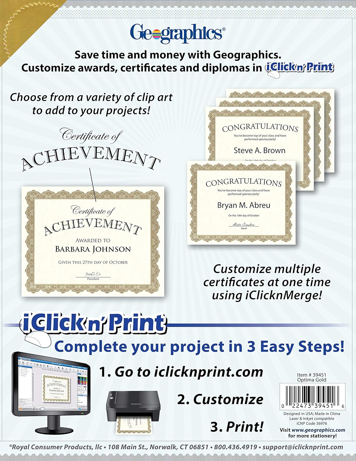 Geographics Optima Gold Blank Award Certificate Paper with Gold Foil Seals, 8.5 x 11", Seal 1.75" (Pack of 25) : Everything Else