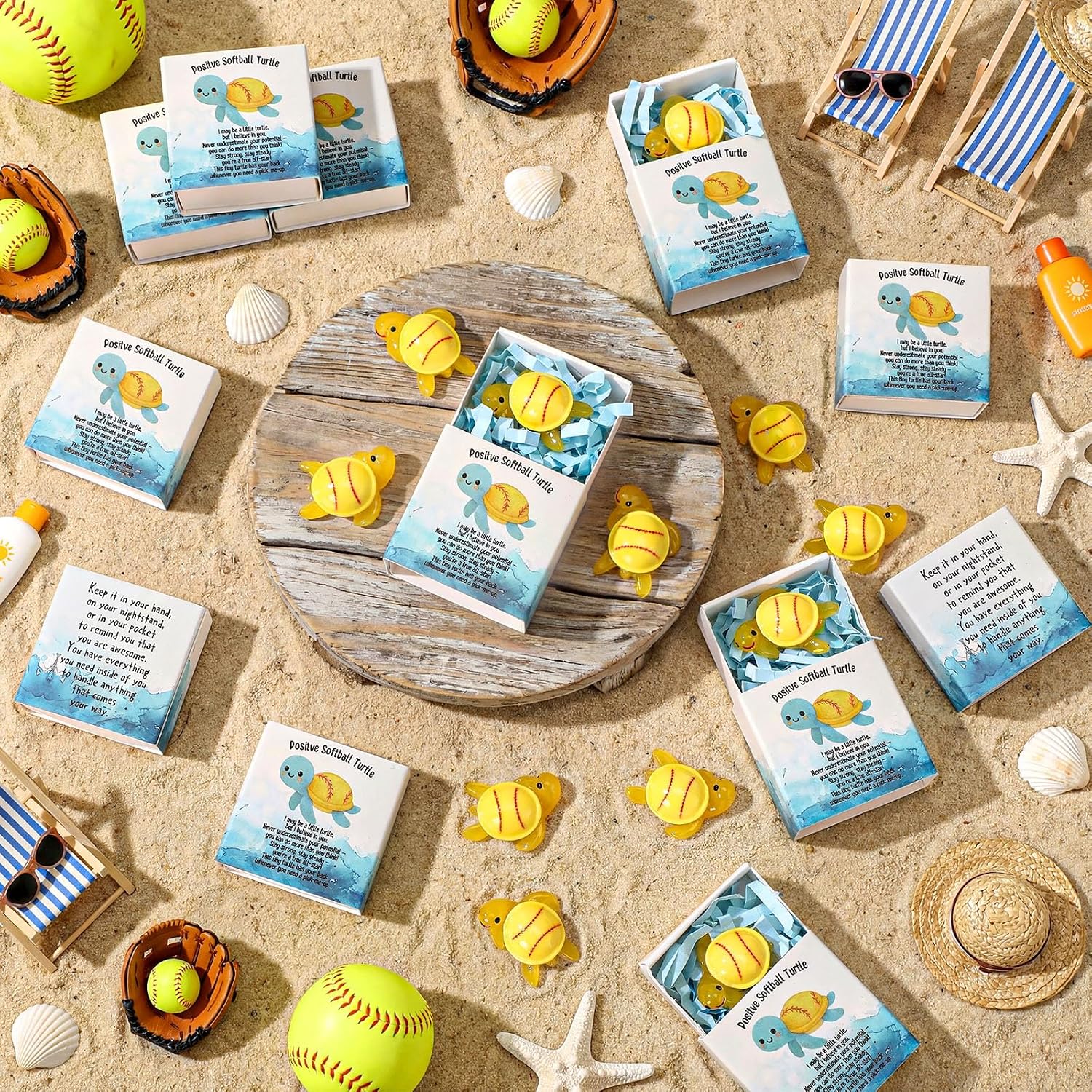 Amyhill 15 Set Mini Resin Sports Turtle Gift Bulk Inspirational Ball Turtle Ornaments Positive Energy Box Inspirational Support Sports Gifts for Team Coach Players Fan Birthday (Softball)