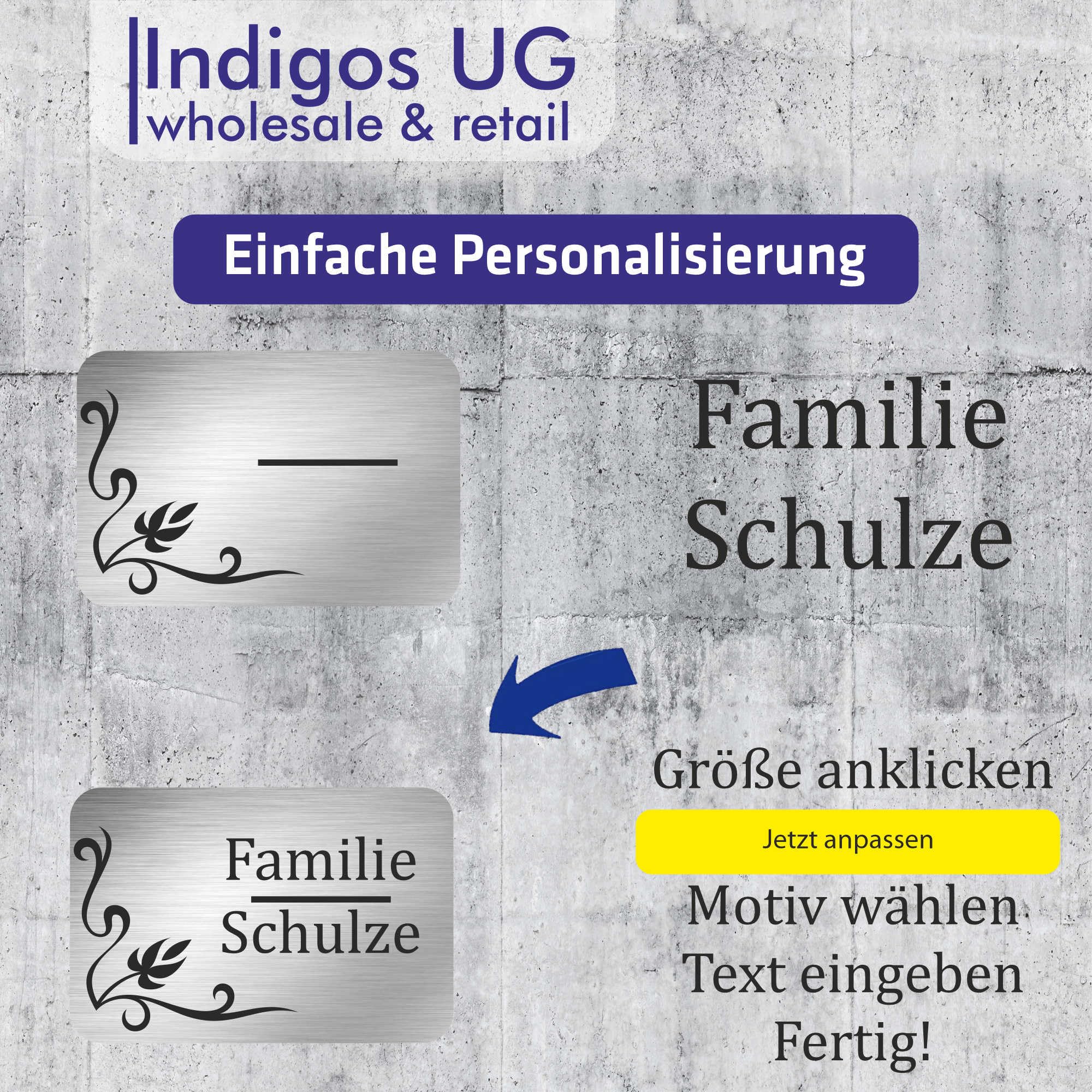 INDIGOS UG - Namensschild - kleiner Strich - 600x400 mm Aluverbundplatte Edelstahllook 3 mm - individuell personalisiert mit Wunschtext, Namen, Familienname, Firma - Briefkasten - Haustür