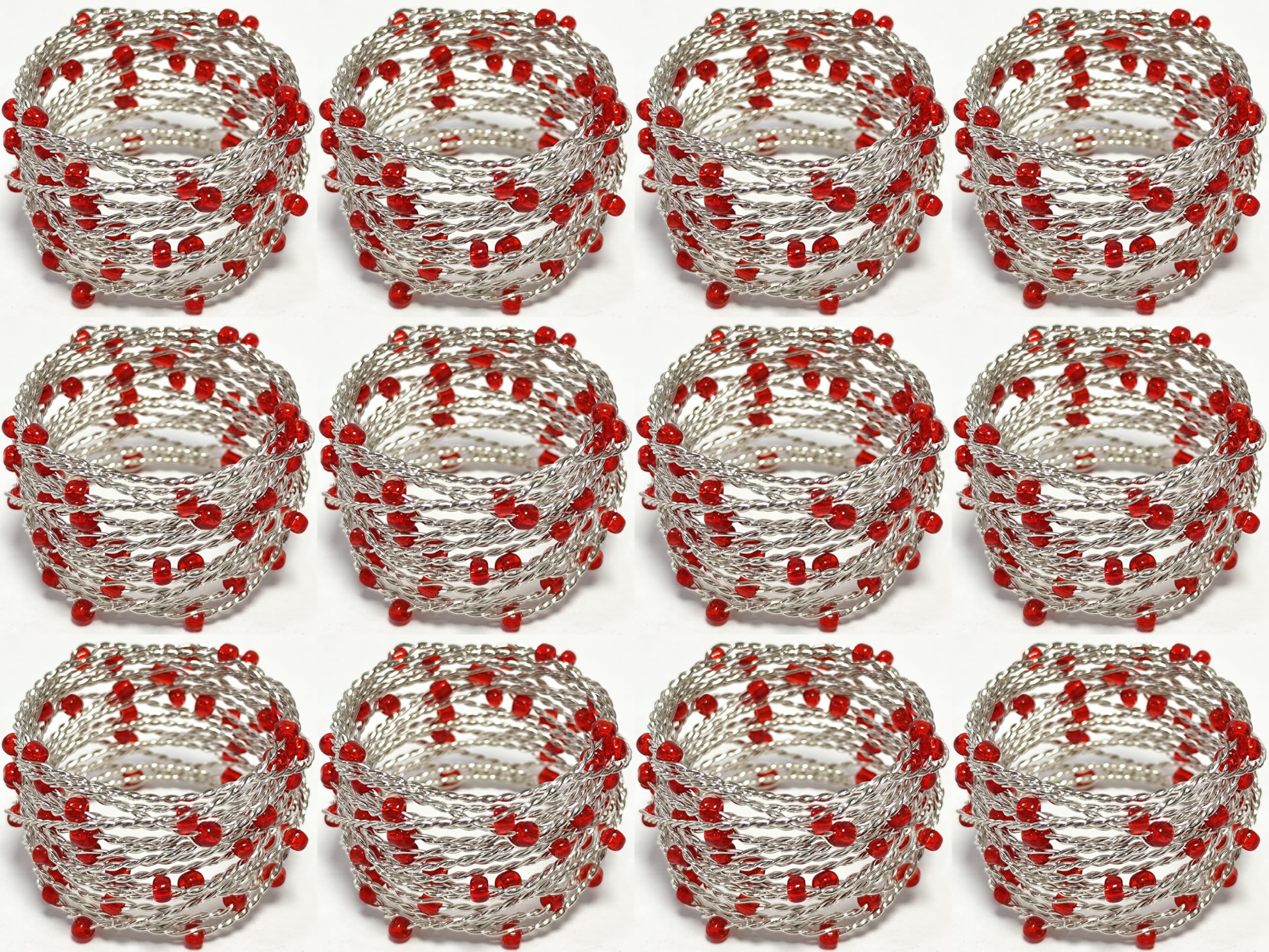 Silver Red Beaded Napkin Ring Set of 12 - Beautiful Fancy Elegant Decorative Napkin Holder for Dinner Table Decoration, Christmas, Farmhouse, Wedding, Party, Family Gathering, New Year & Everyday Use