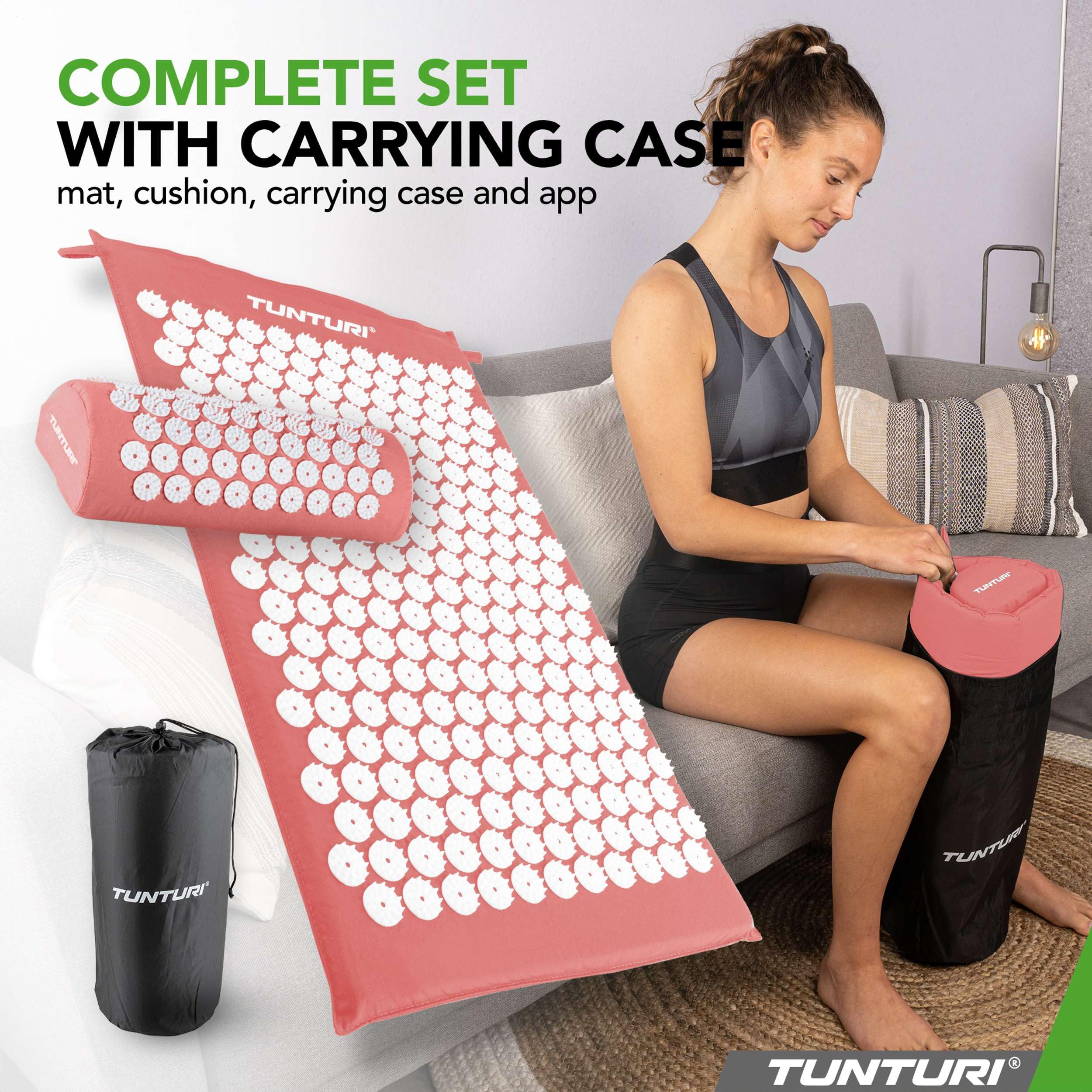 Tunturi Tappetino per agopressione con cuscino, tappetino per agopuntura, per schiena, collo, piedi, tutto il corpo, 2 in 1, tappetino per agopressione, anti-stress, 68 x 42 x 2 cm, oro rosa