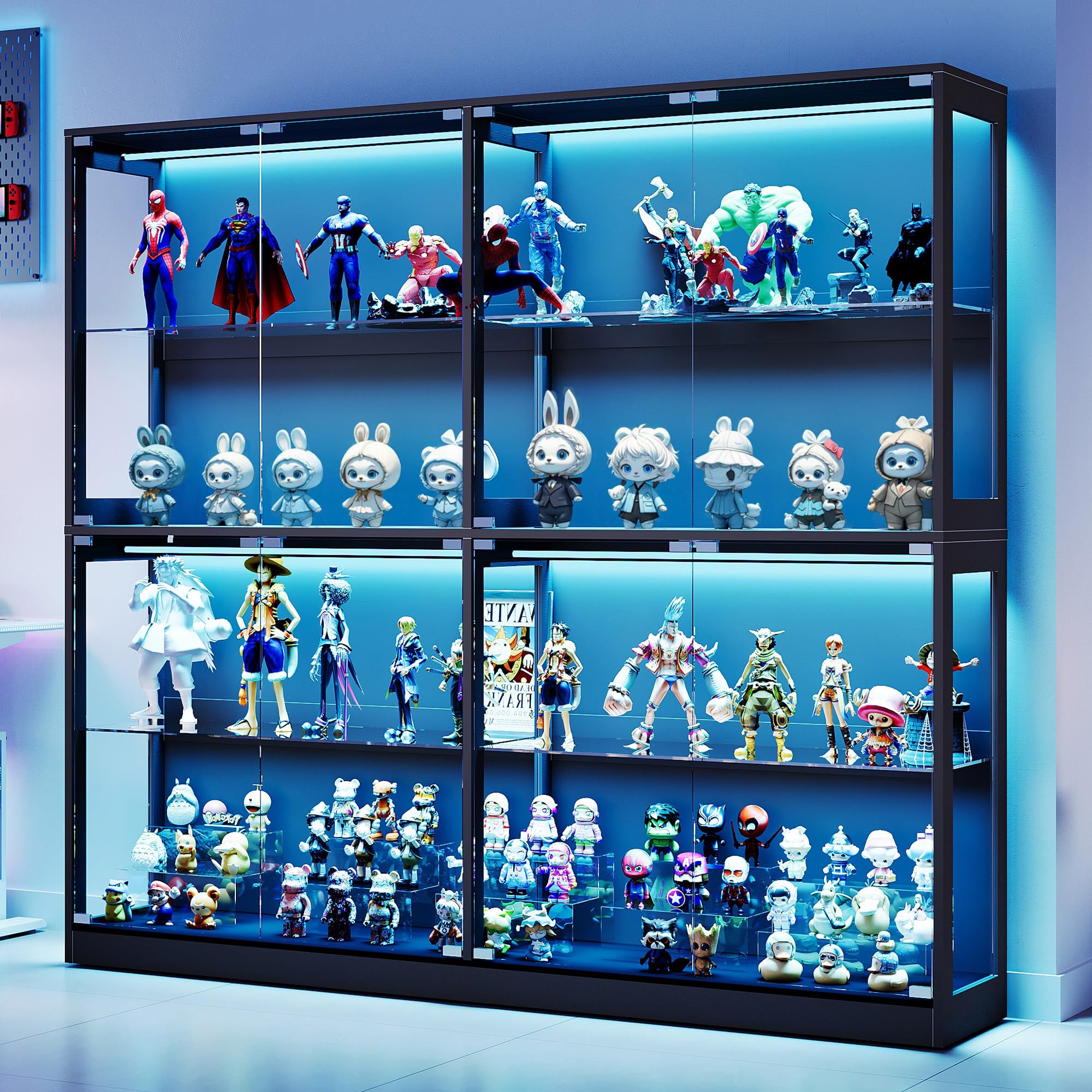 AMERLIFE RGB Display Cabinet with Adjustable Glass Shelves, 4-Tier Storage Case with LED Lights & Press-to-Open Doors, Modern Display Shelf for