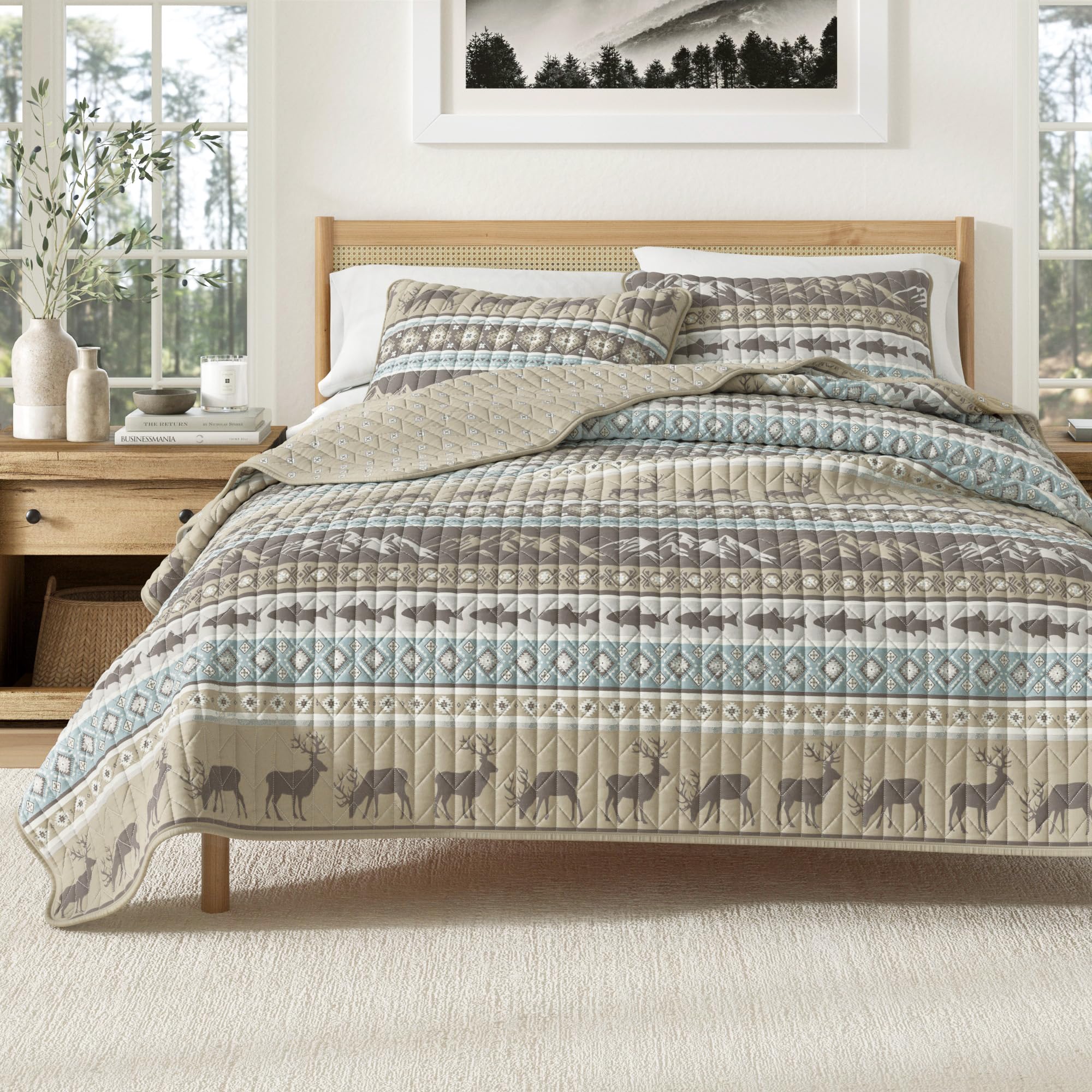 Great Bay Home 3-Piece Reversible Rustic Lodge Bedspread Quilt with 2 Shams. All-Season Quilt Set. (King, Yosemite)