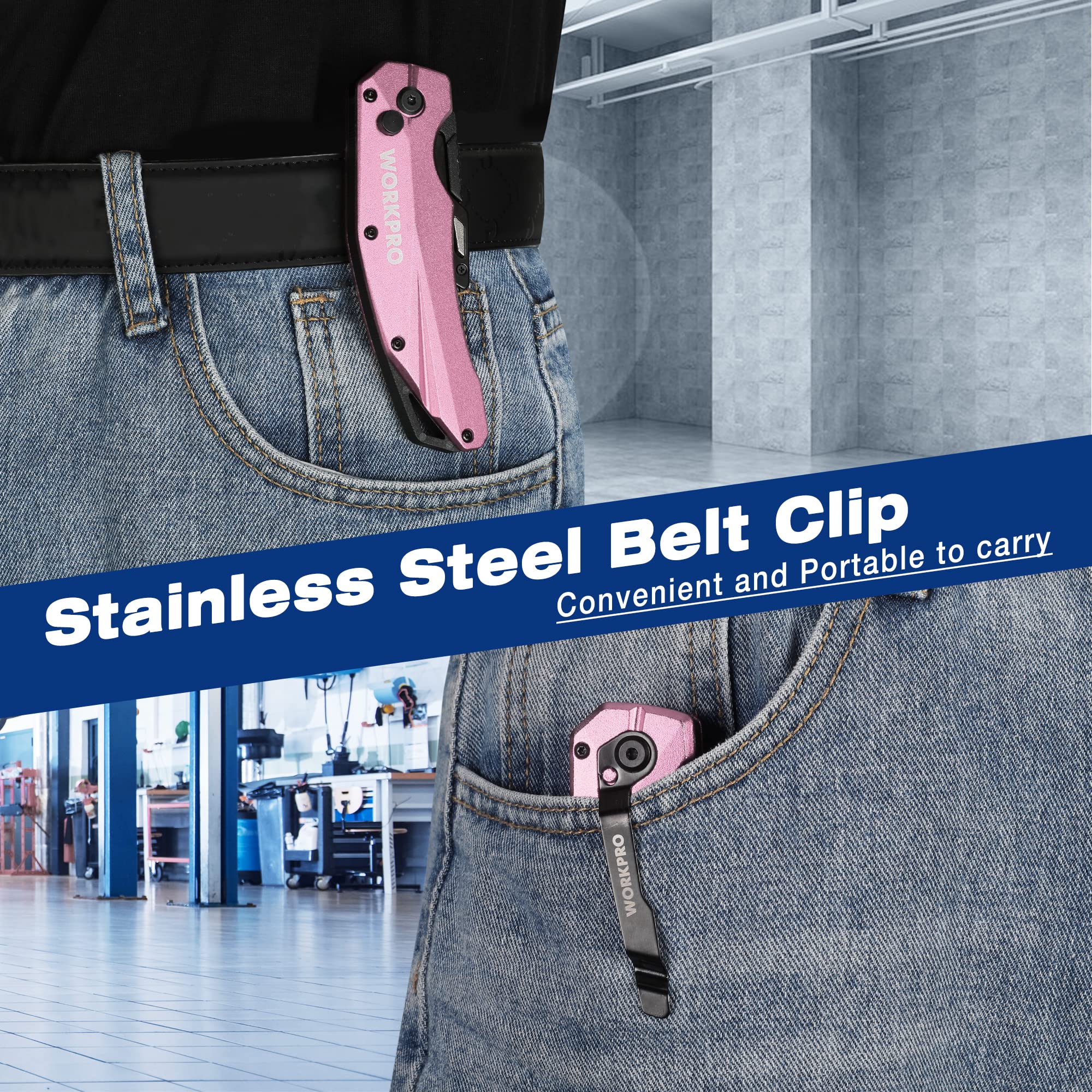 WORKPRO Klappbares Teppichmesser, Schweres Universalmesser aus Vollmetall, Schnellwechselklinge Cuttermesser, Schnelles Öffnen Achsensperre & Sichere Verriegelung, mit 10 zusätzlichen Klingen, Rosa