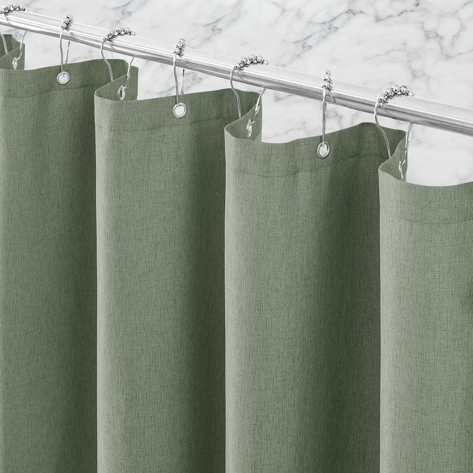 Zemyovia Linen-Like Shower Curtain, Waterproof Premium 250GSM Heavyweight Fabric, 180 x 180, with 12 Stainless Steel Hooks, Luxury Hotel Spa Bathroom Decor, Machine Washable, Weighted Hem, Grey Green