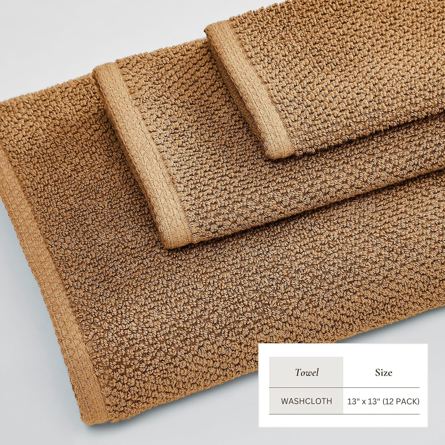 Great Bay Home 100% Cotton 12-Pack 13x13 Wash Cloth - Absorbent, Quick-Drying, Durable Face Towels for Bathroom Decor - Low-Twist, Two-Ply Fibers (Mocha)