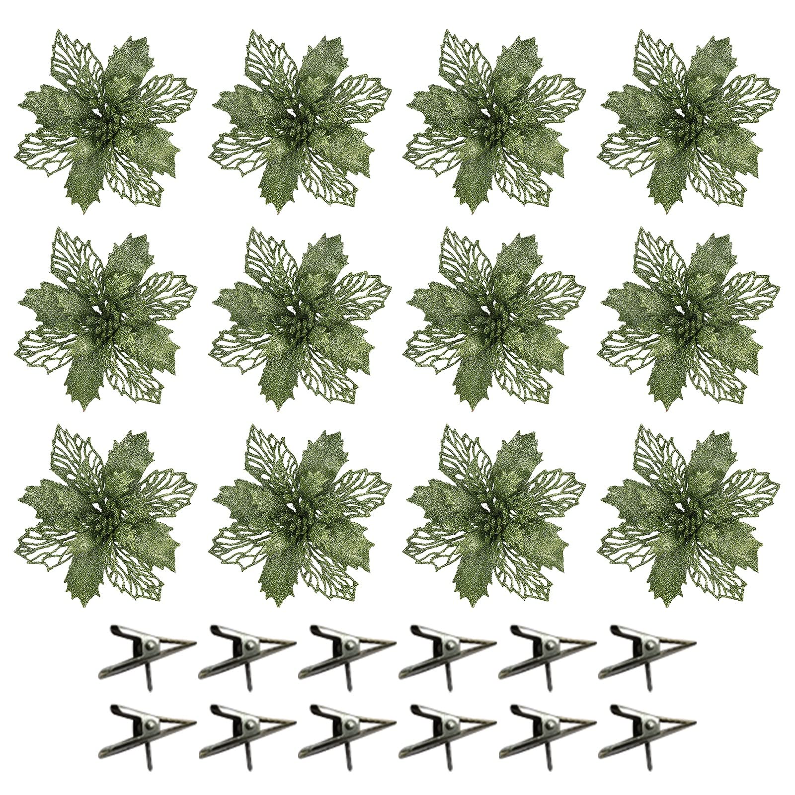 Lemcc Green 12Pcs Christmas Glitter Poinsettia 16Cm Artificial Poinsettia Flowers With Clips Christmas Tree Flowers Decorations For Xmas Tree Wreaths Garland Holiday Decor