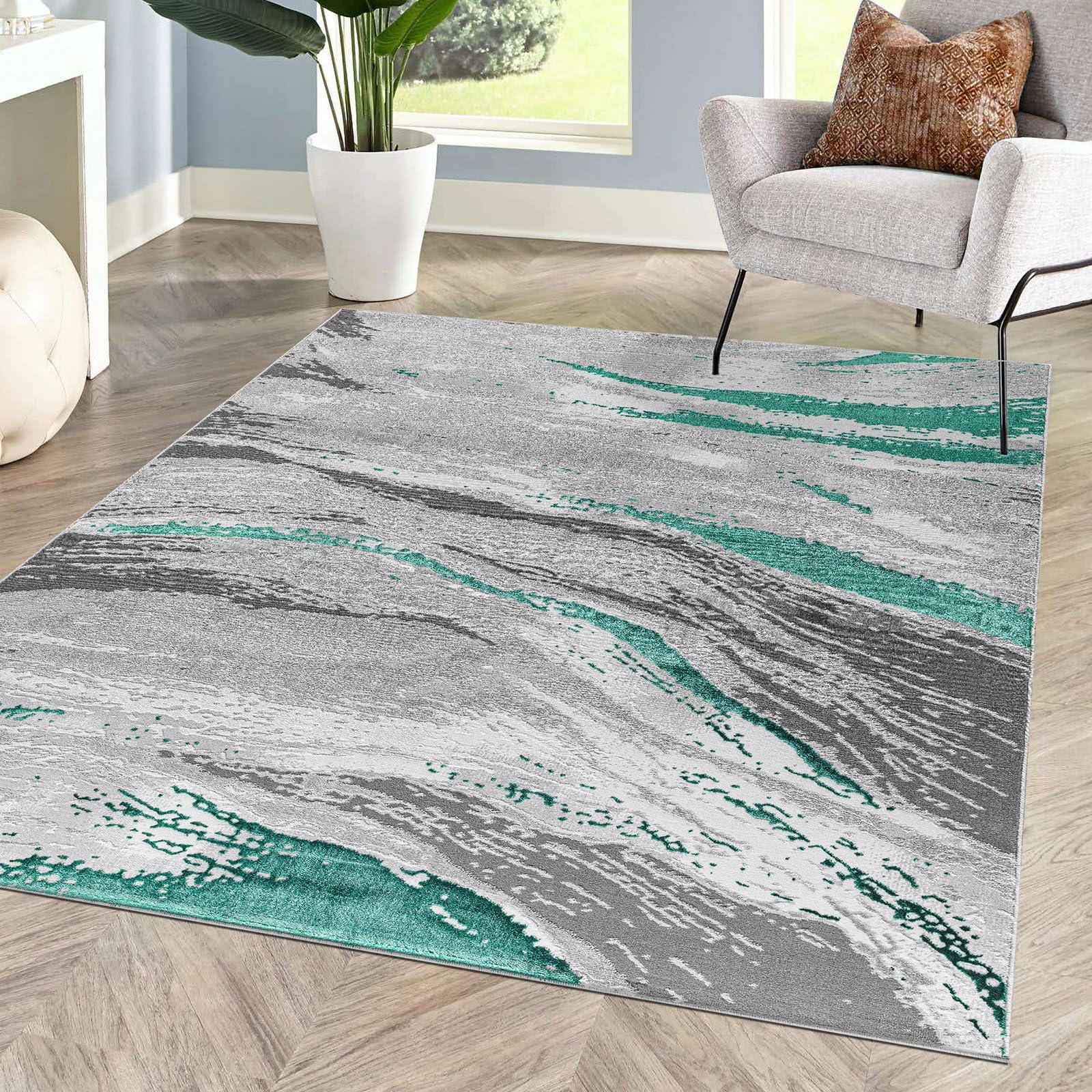 renoazul® Medium Pile Rugs Living Room 120 x 170 cm - Jeze Emerald Abstract Rug - Washable Fireside Rug, Lounge and Dining Room — image 1