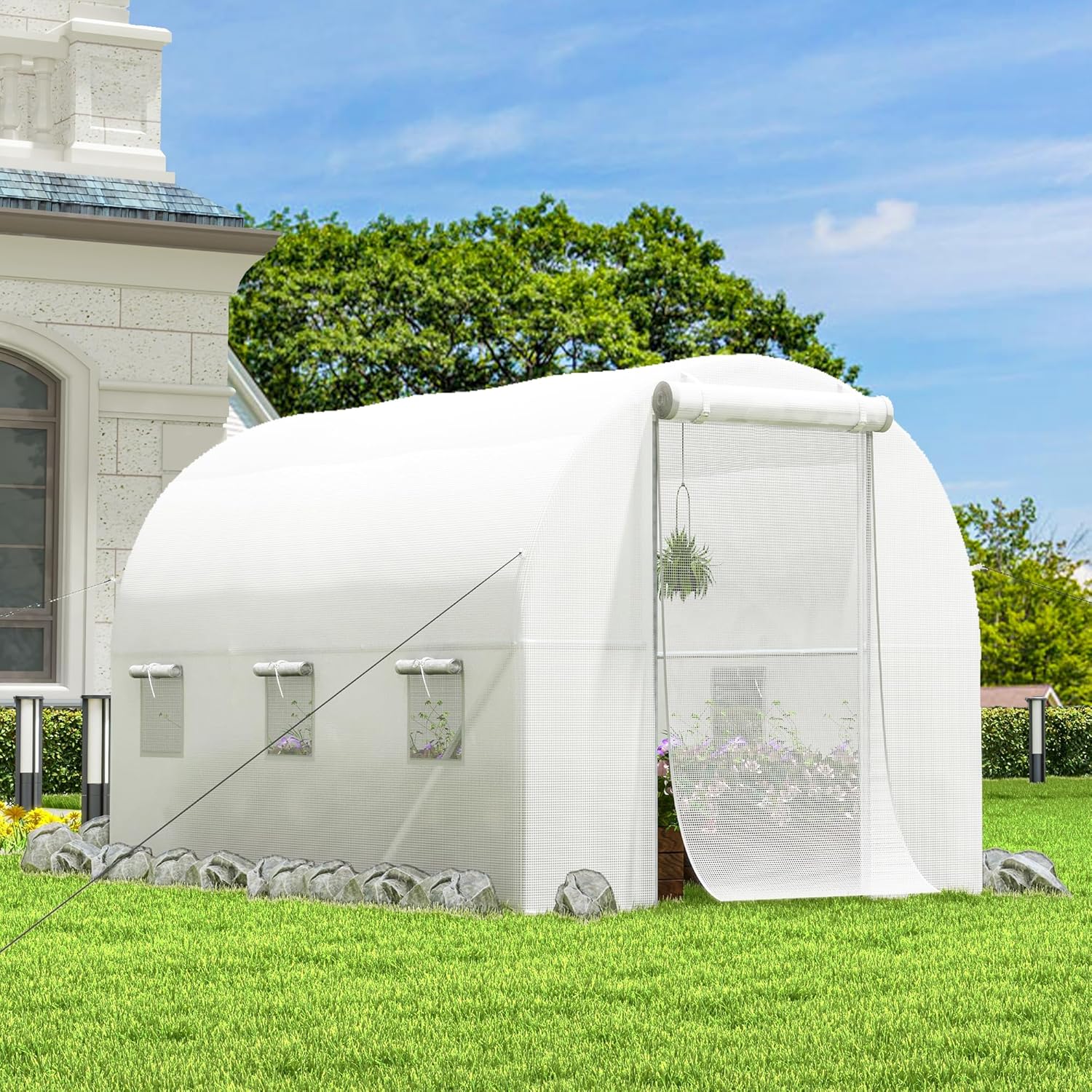 DWVO 10x6.5x6.5ft Greenhouses Large Walk-in Green House Tunnel Green Houses Outdoor Portable Plant Gardening Upgraded Galvanized Steel Frame Zipper Doors 5 Crossbars Garden, White