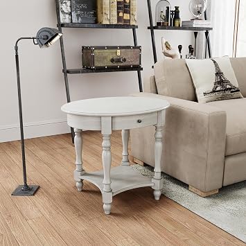Wood Oval End Table with Drawer&Storage Shelf, 22x28in Antique White