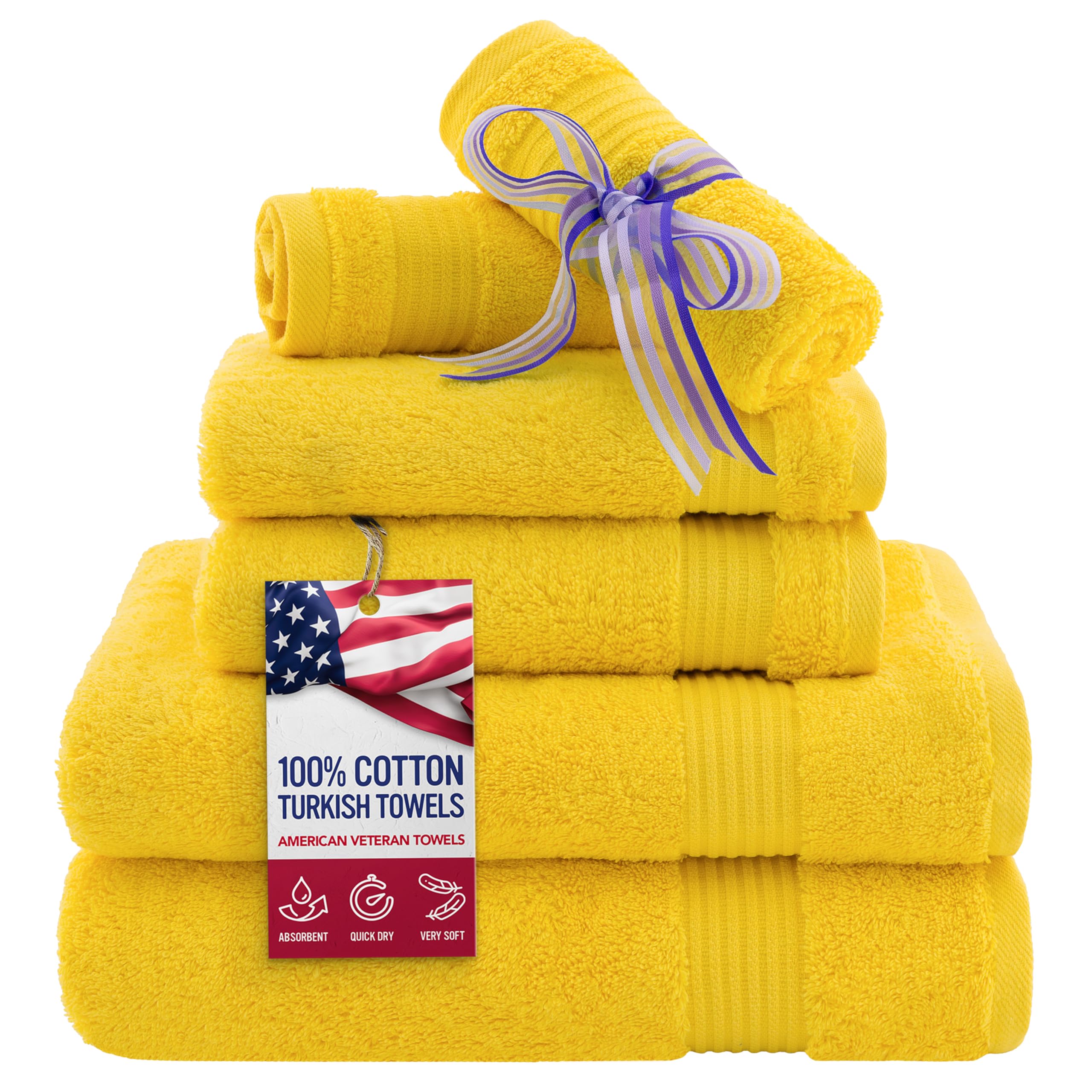 American Veteran Towel, 6 Piece Towel Set for Bathroom, 100% Cotton Turkish Bathroom Towels, 2 Bath Towels 2 Hand Towels 2 Washcloths, Yellow