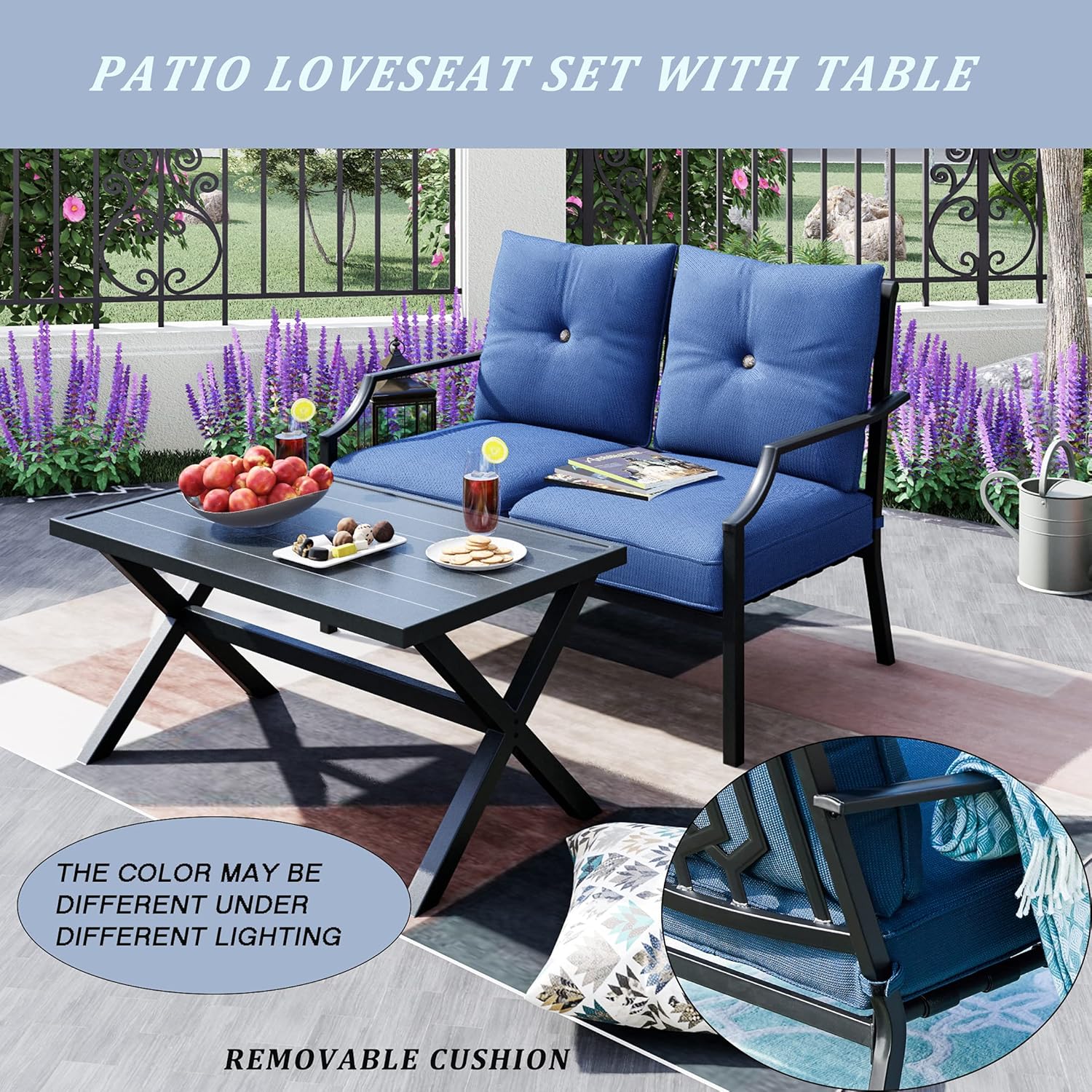 LOKATSE HOME Outdoor Loveseat and Coffee Table Metal Conversation Set Patio Furniture with Cushions for Poolside Backyard Lawn