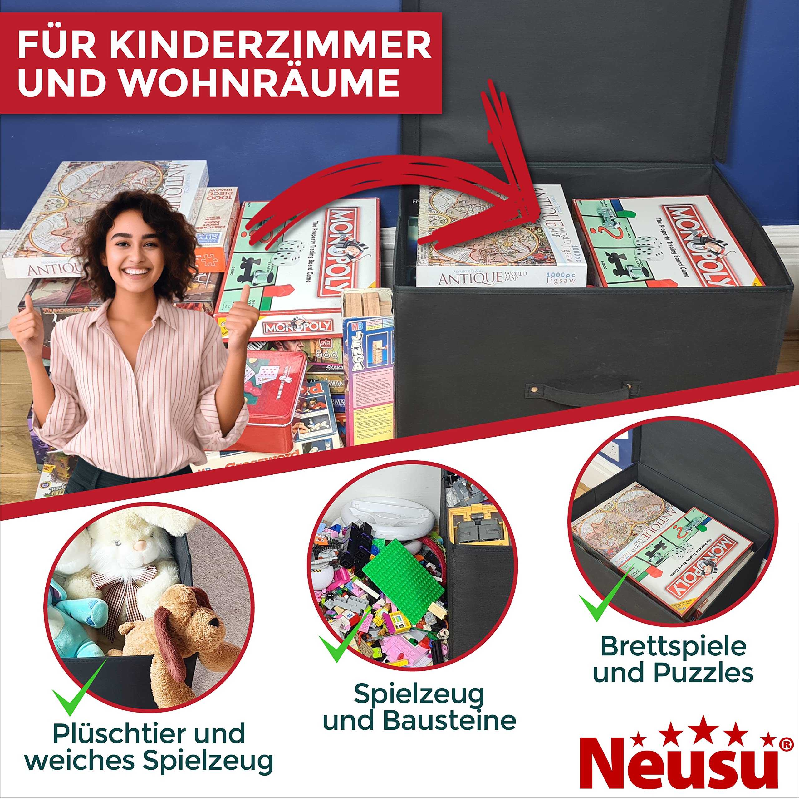 Neusu Aufbewahrungsbox mit Deckel - Schwarz, Stoff Bezogen - Stabile große 60x45x40 cm Klappbox - 100 Liter Super-Jumbo XXL Kiste/Ordnungsbox (100L)