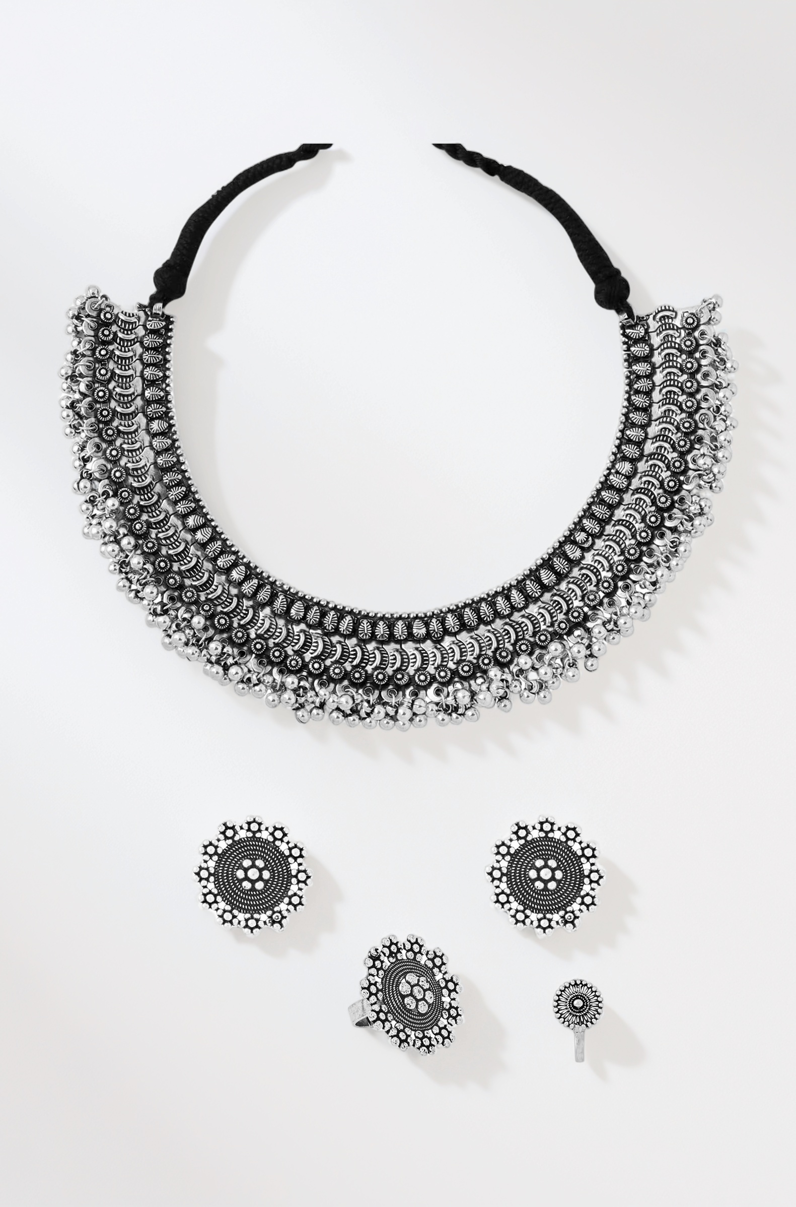 Yellow Chimes Classic German Silver Oxidised Crafted Traditional Choker Necklace Set With Earring Jewellery Set Jewellery Set for Women (Osidized Silver) (YCTJNS-32OXDCHK-SL)
