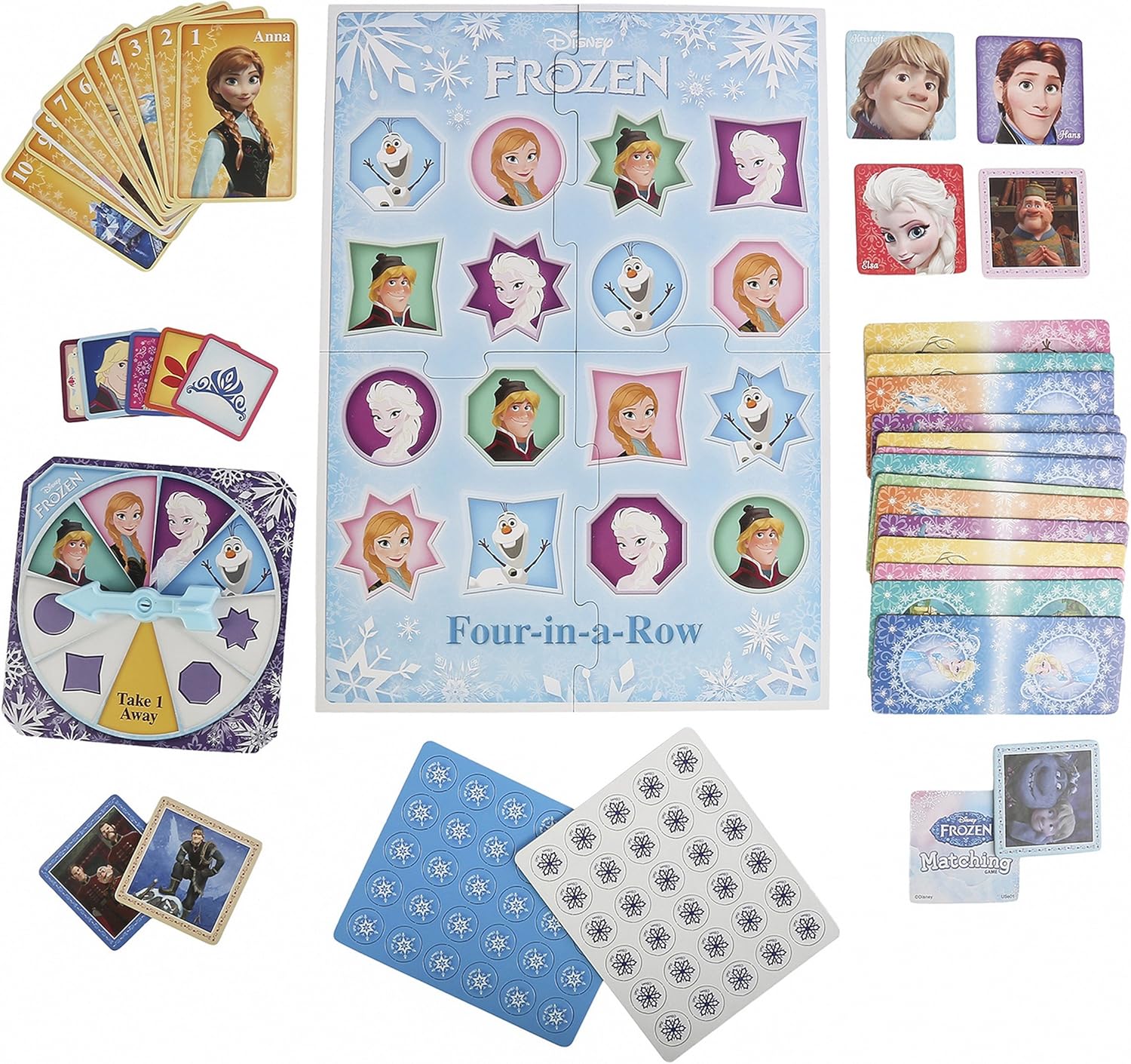 Various game pieces including cards, spinner, and Four-in-a-Row board