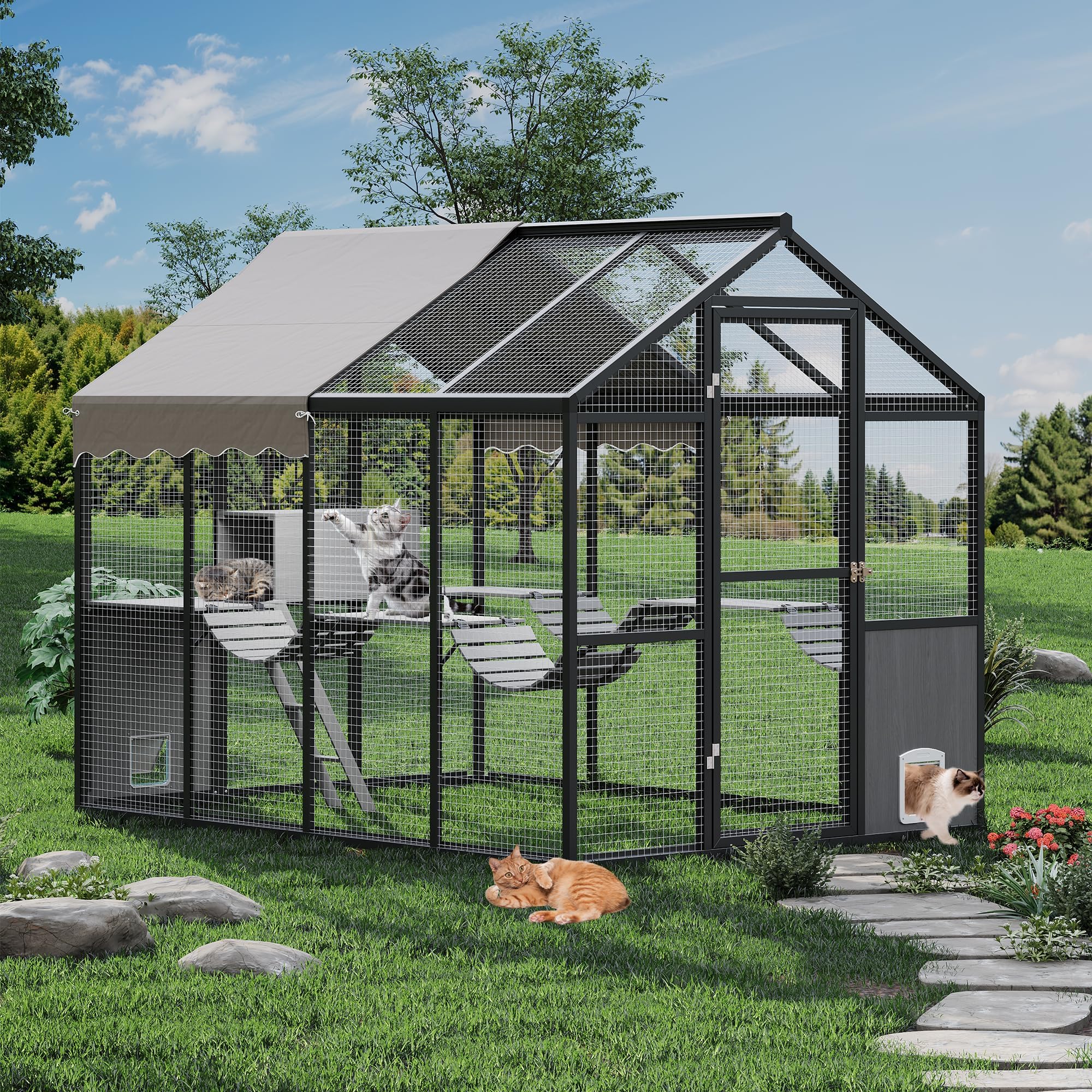 Garvee Recinto gatti da esterno ampio in alluminio – Catio walk-in con canale – Porta laterale – Copertura UV e piattaforma – Ideale per più gatti – 190-4 Cat Room