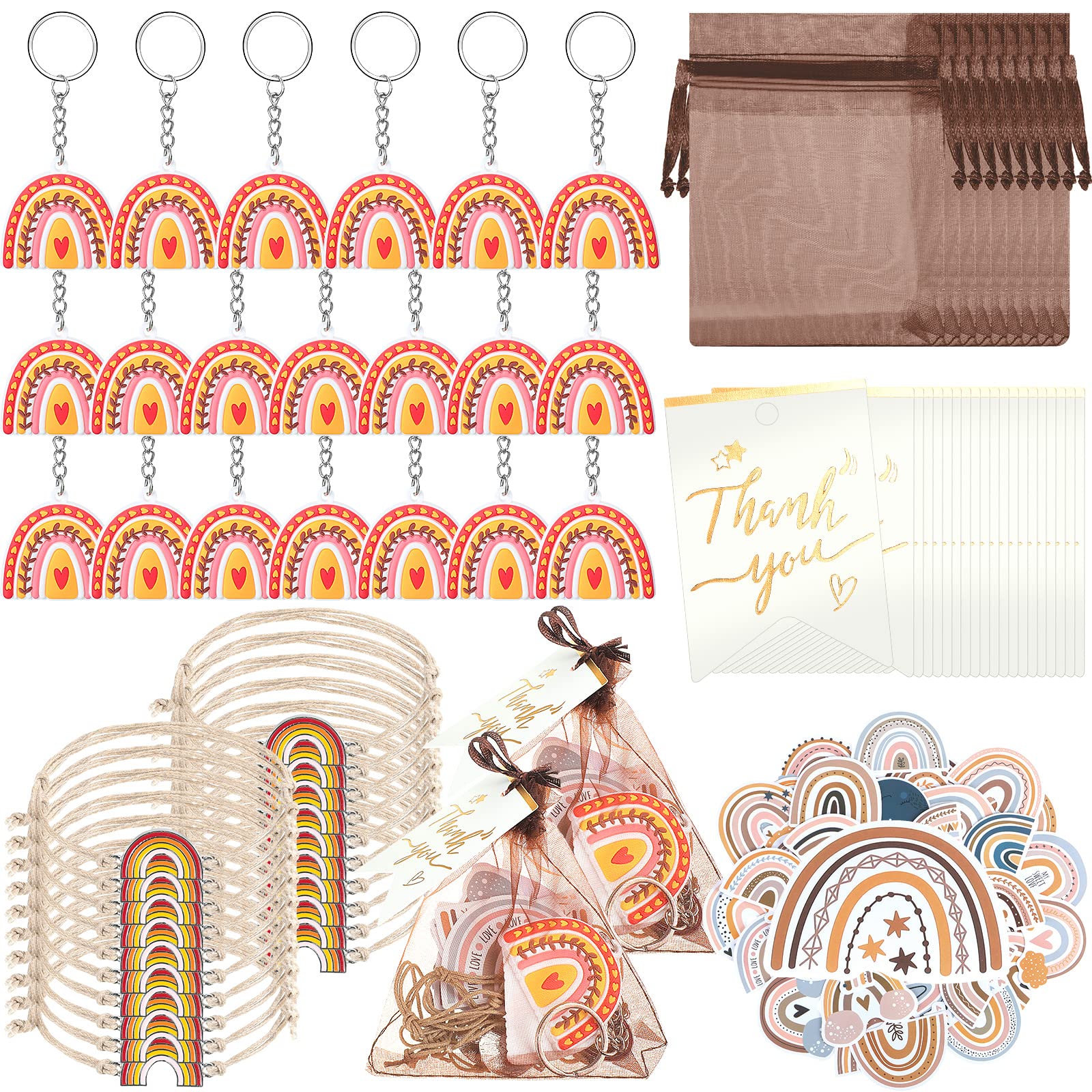 130 Pcs Boho Favors Including 20 Bohemia Bracelet 20 Rainbow Keychains 50 Rainbow Stickers 20 Organza Bags 20 Thank You Tags for Rainbow Baby Shower Party Decorations