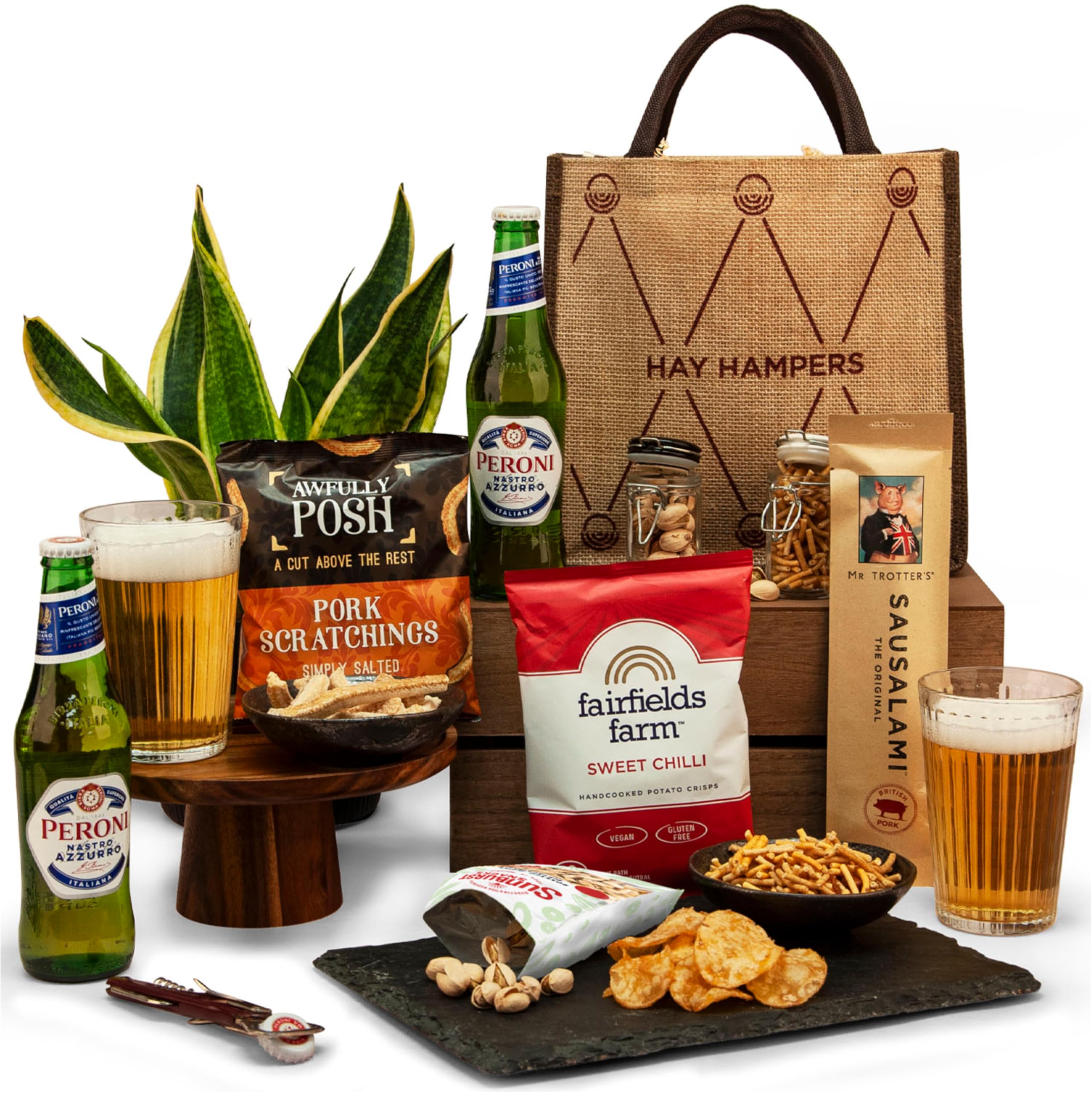 – Beer and Pub Snacks Gift Hamper - Jute Bag with Peroni Lager, Pork Scratchings, Crisps & More Pub Snacks – Birthday Gift, Food Hamper, Beer Hamper Gift for Men - Hay Hampers