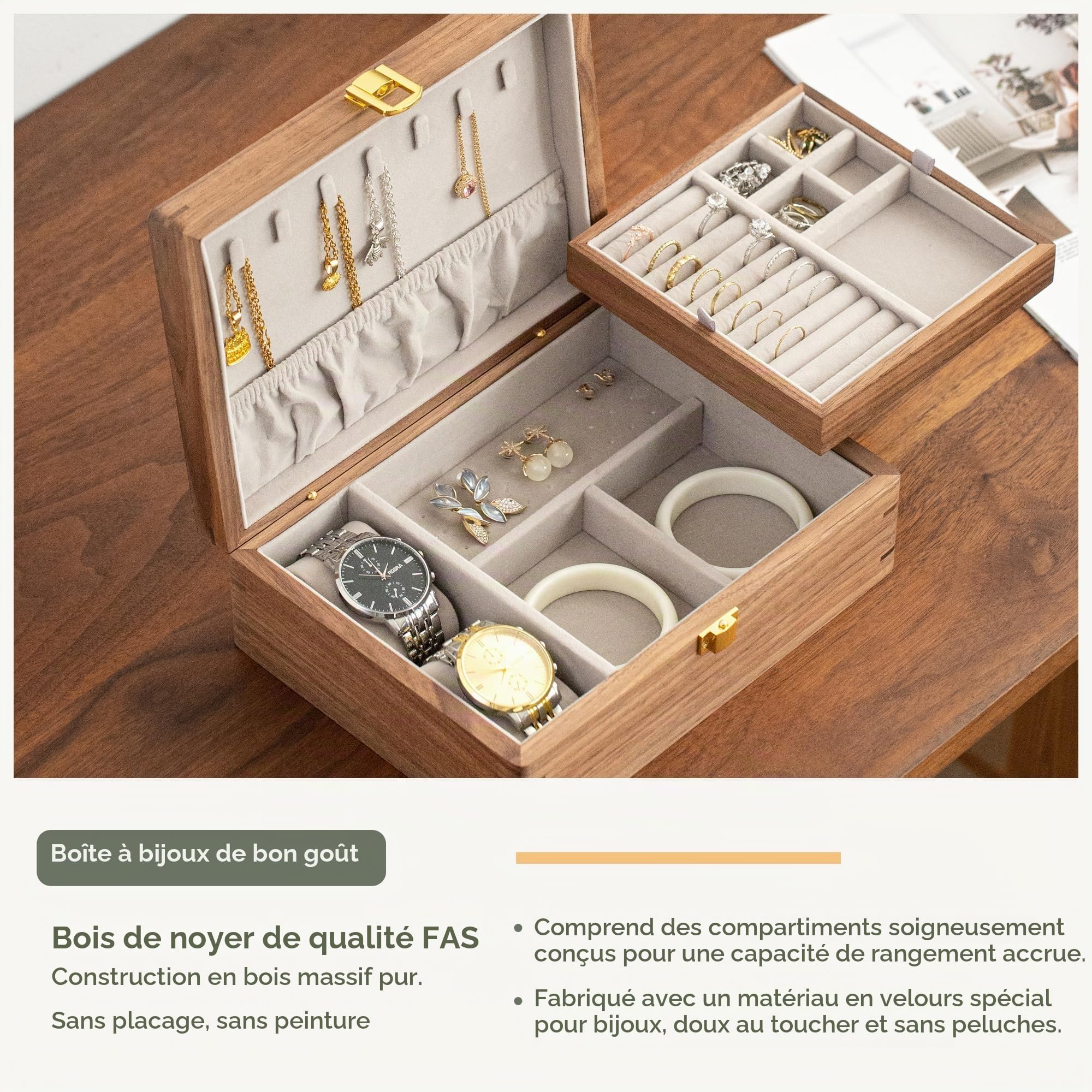 muso wood Boîte à bijoux en bois de noyer véritable, 2 niveaux, boîte à bijoux de luxe pour colliers, bracelets, boucles d'oreilles, bagues, montres, avec fermoir en métal
