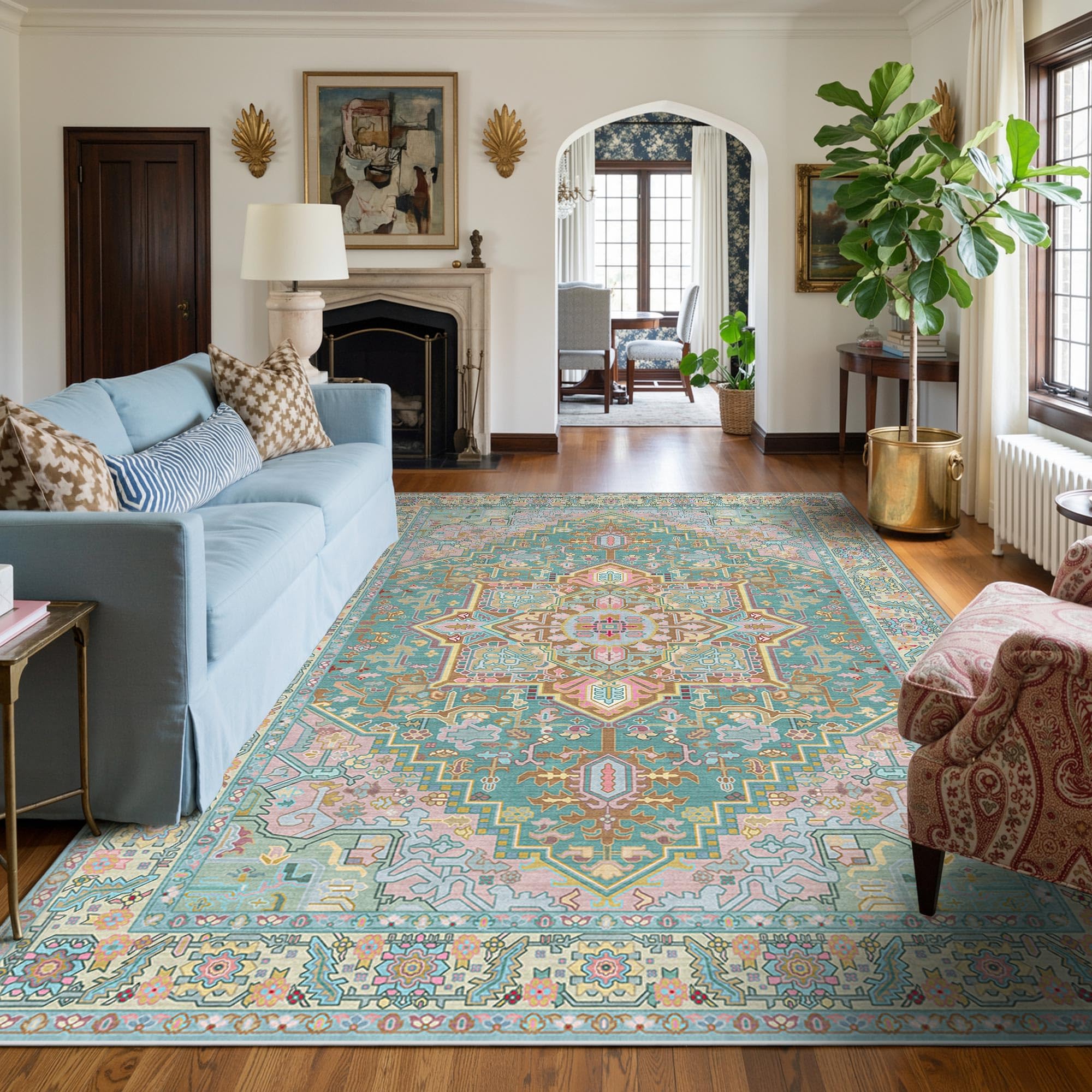 9x12 Turquoise Fresh Teal Vintage Boho Oriental Soft Washable Area Rug