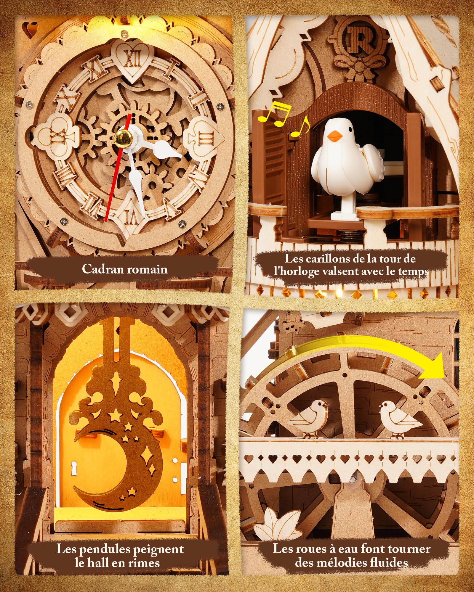 ROKR Puzzle 3D Horloge à Coucou, Maquette en Bois a Construire Kits de Maquettes, Puzzle 3D Cadeaux Artisanaux et décoration pour Adultes, Cuckoo Clock Couleur du Bois, LC901