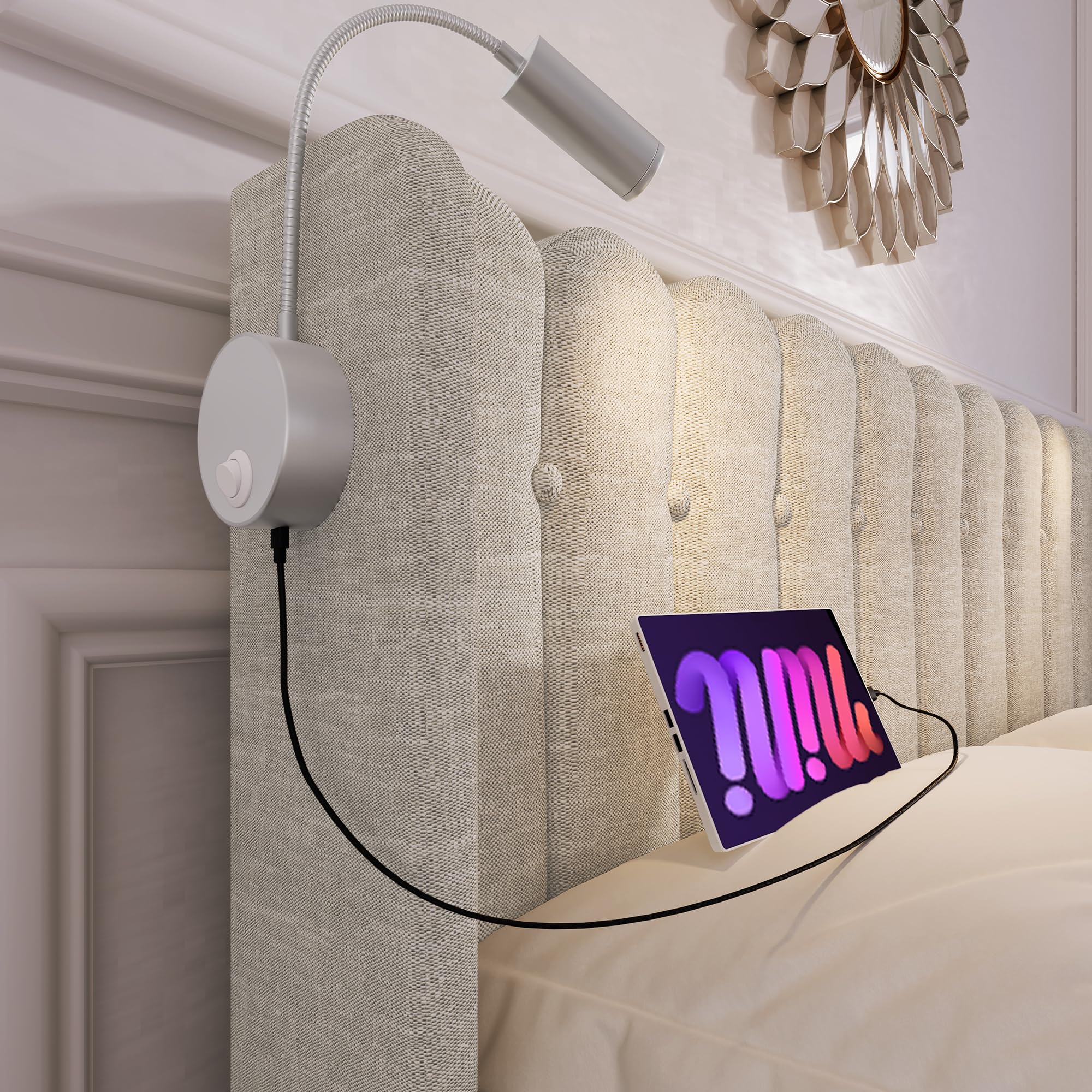 HaoChrymec Łóżko do przechowywania 140 x 200 cm z lnu, zagłówek z oświetleniem do czytania i funkcją ładowania USB, rama łóżka ze stelażem, naturalne (bez materaca)