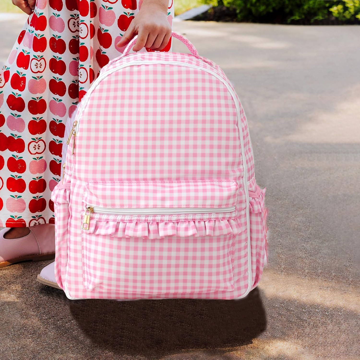DYSHAYEN Kids Backpack for Girls, 15" Ruffled Backpack for School Kindergarten Bookbag 5-8, Fully Opened Compartment (Pink Gingham)