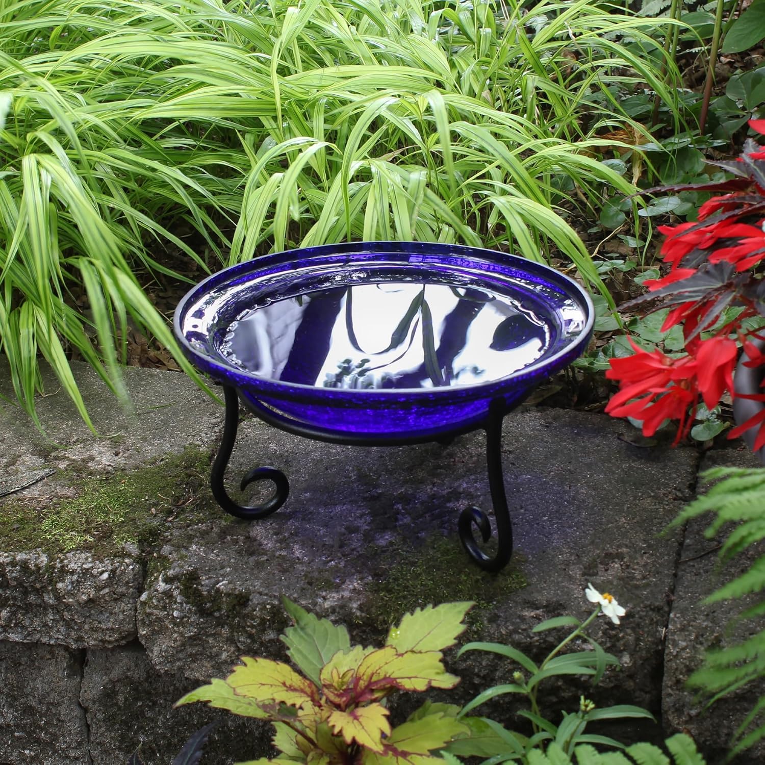 12" Cobalt Blue Crackle Birdbath- Short Stand