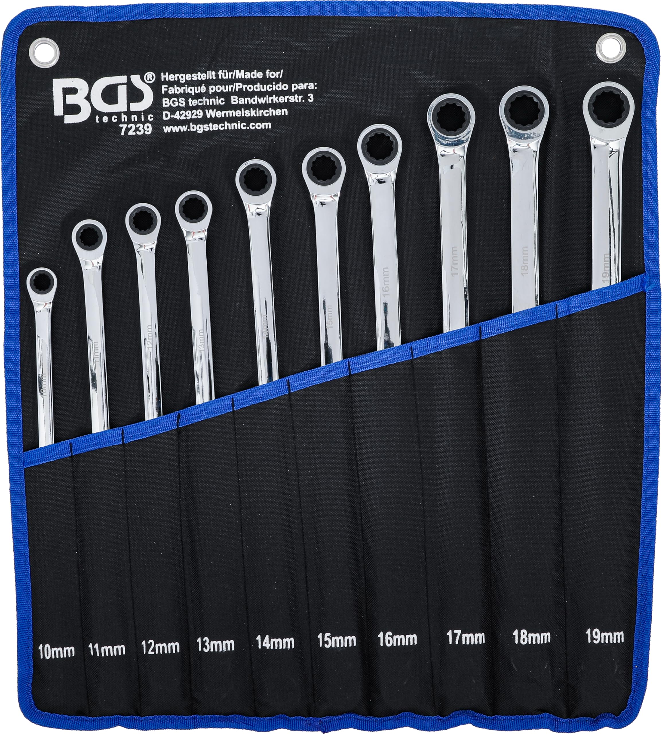 BGS 7239 | Serie di chiavi a cricchetto doppio e a anello | extra lunghe | 10-19 mm | 10 pz.