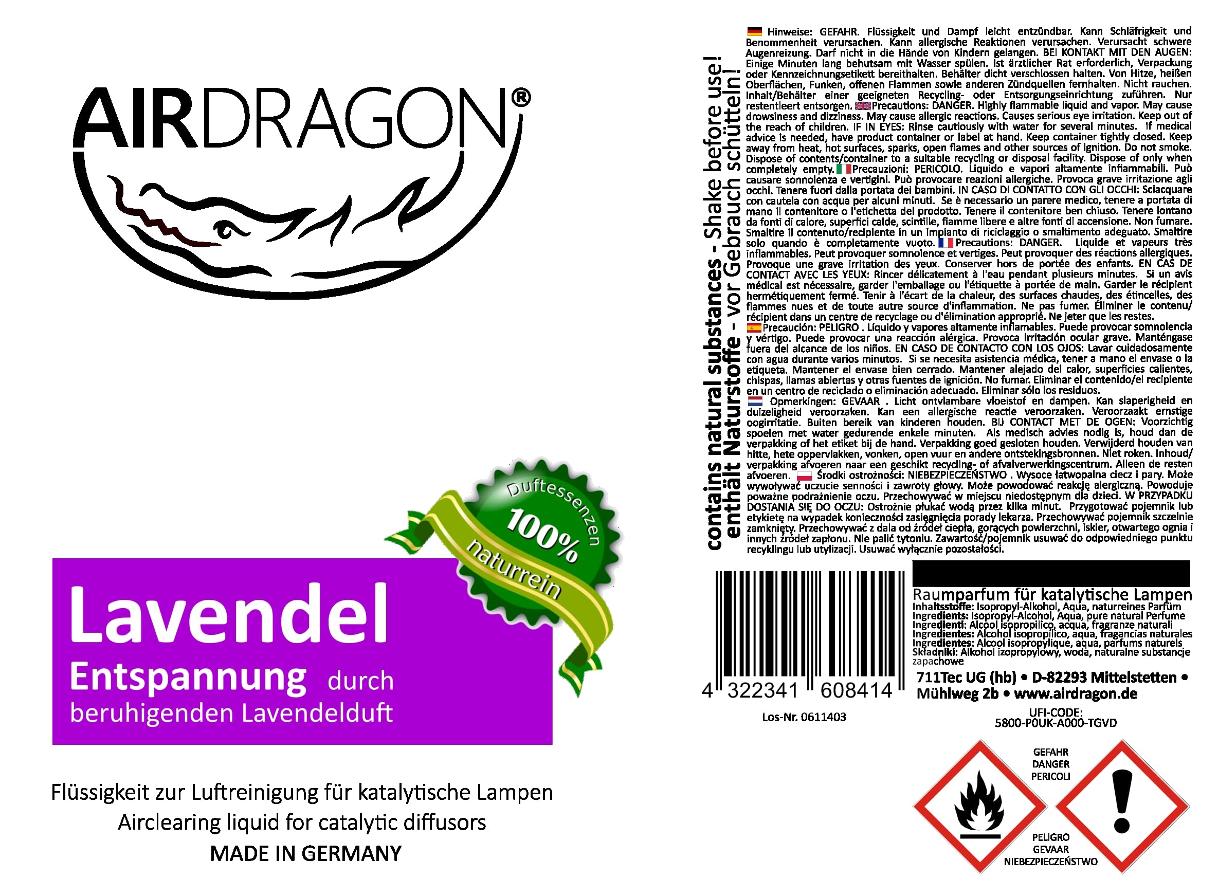 AIRDRAGON® Duft-Set • NEUTRAL + LAVENDEL • 2 x 1 Liter • katalytischer Raumduft ohne künstliche Duftstoffe - 100% naturreines ätherisches Öl - für jede katalytische Lampe - Made in Germany