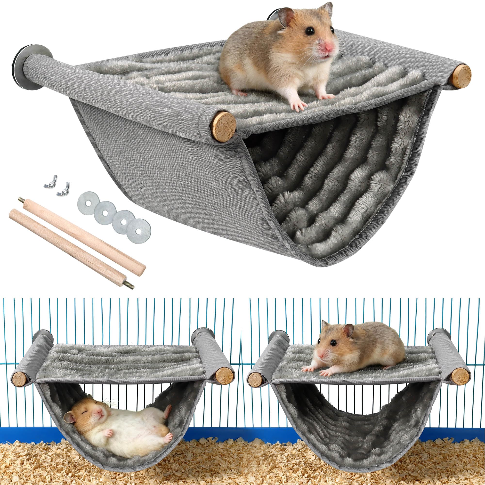 YingBiao Rat Hammock, Rat Cage Accessories, 2 Layers Hamster Hammock for Cage Guinea Pig Hanging Plush Warm Bed Pet Hideout Swing Toy Accessories for Ferret Chinchilla Parrot Playing Sleeping (Grey)