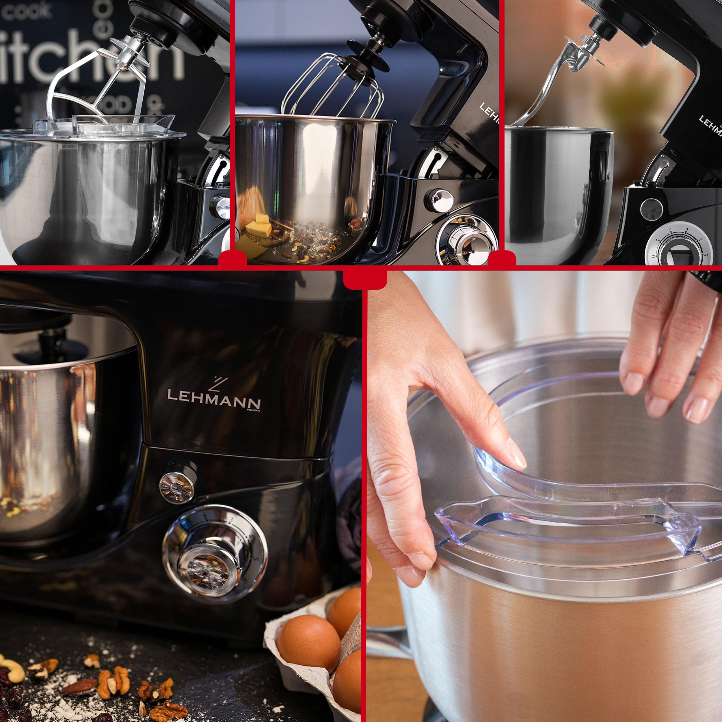 LEHMANN LHOPM-1305C Robot Pâtissier Multifonction 2200 W, Robot Culinaire à Mouvement Planétaire avec Fouet, Batteur, Crochet, Bol d'Acier Inoxydable 5 Litres, 6 Vitesses et Fonction Pulse, Noir