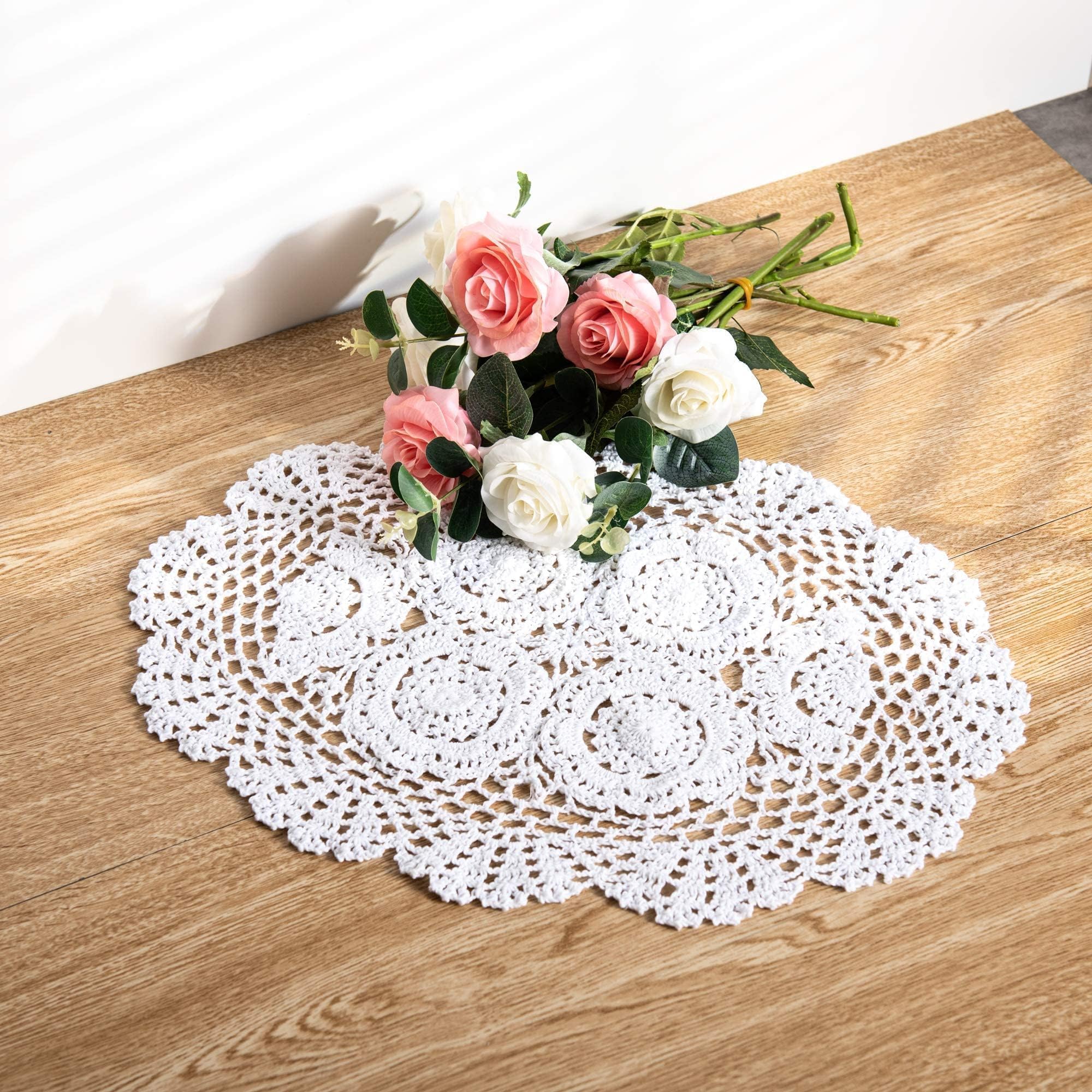 Eiyye 2-Pieces Handmade Cotton Crochet Doilies Oval Lace Table Crochet Placemats 12 x17inch, White