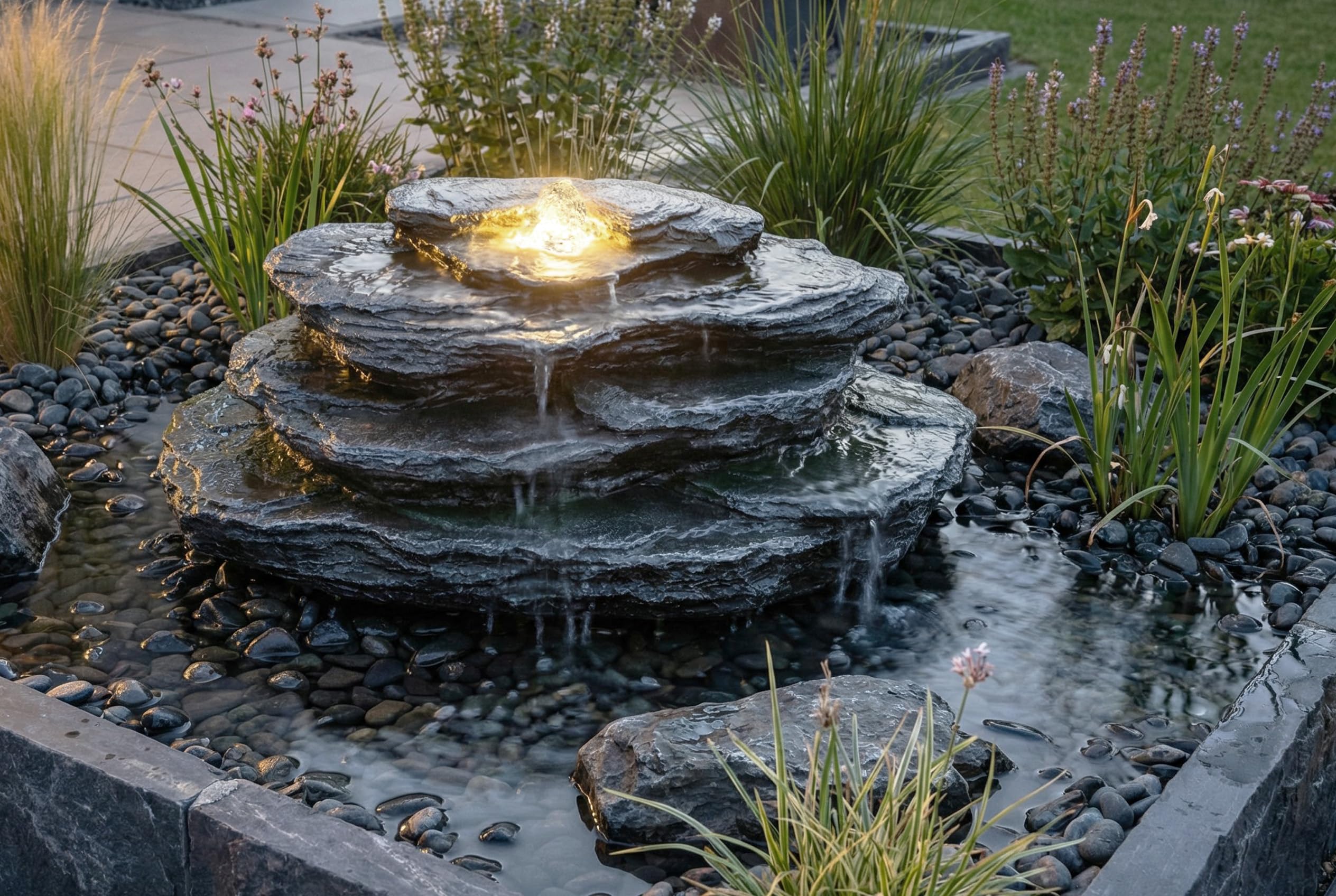 Künstlicher Quellstein Felsen mit LED Beleuchtung OG-KQS002 Realistische Steinoptik, inkl. 2 m Schlauch – Wetterfest für Teich & Bachlauf Schiefer-Optik Springbrunnen Gartenbrunnen (OG-KQS002 + Pumpe)