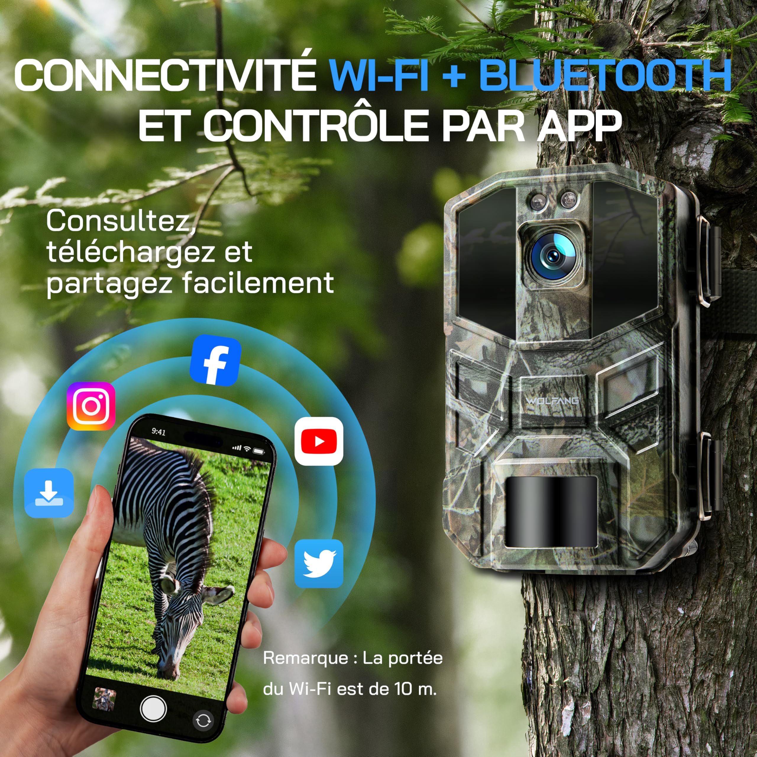 WOLFANG Caméra de Chasse WiFi 4K 64MP Full HD, Téléphone Transfert Vision Nocturne, Déclenchement de 0,1s, Détecteur de Mouvement pour l'observation des Animaux