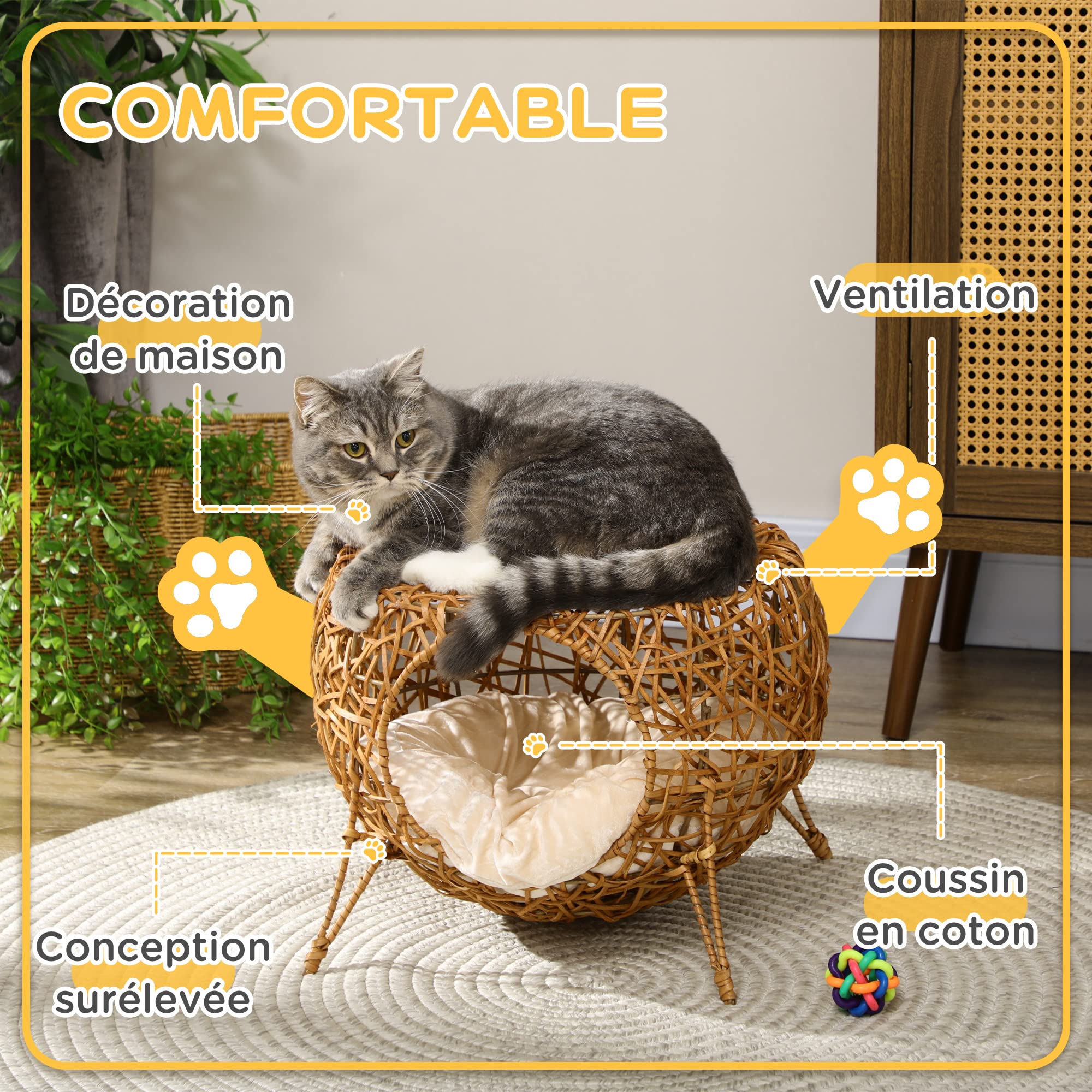 PawHut Panier Niche Maison pour Chat sur Pied en rotin avec Coussin épais dim. Ø 40 x 32 cm Marron Clair