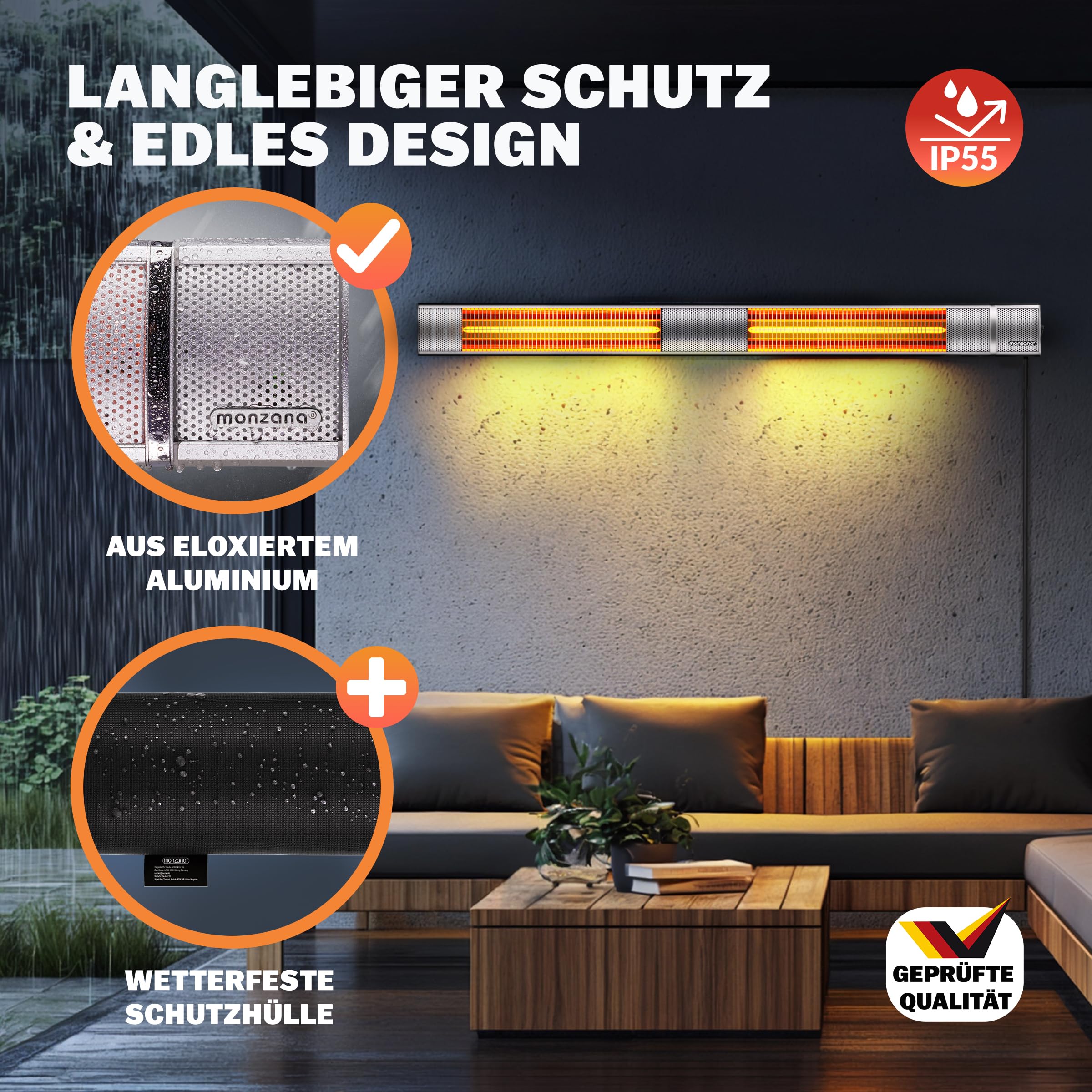 MONZANA® Infrarot Heizstrahler Goldröhre 3000W App Steuerung 3 Stufen Fernbedienung Outdoor Wärmestrahler Terrassenheizer Terrassenstrahler Silber