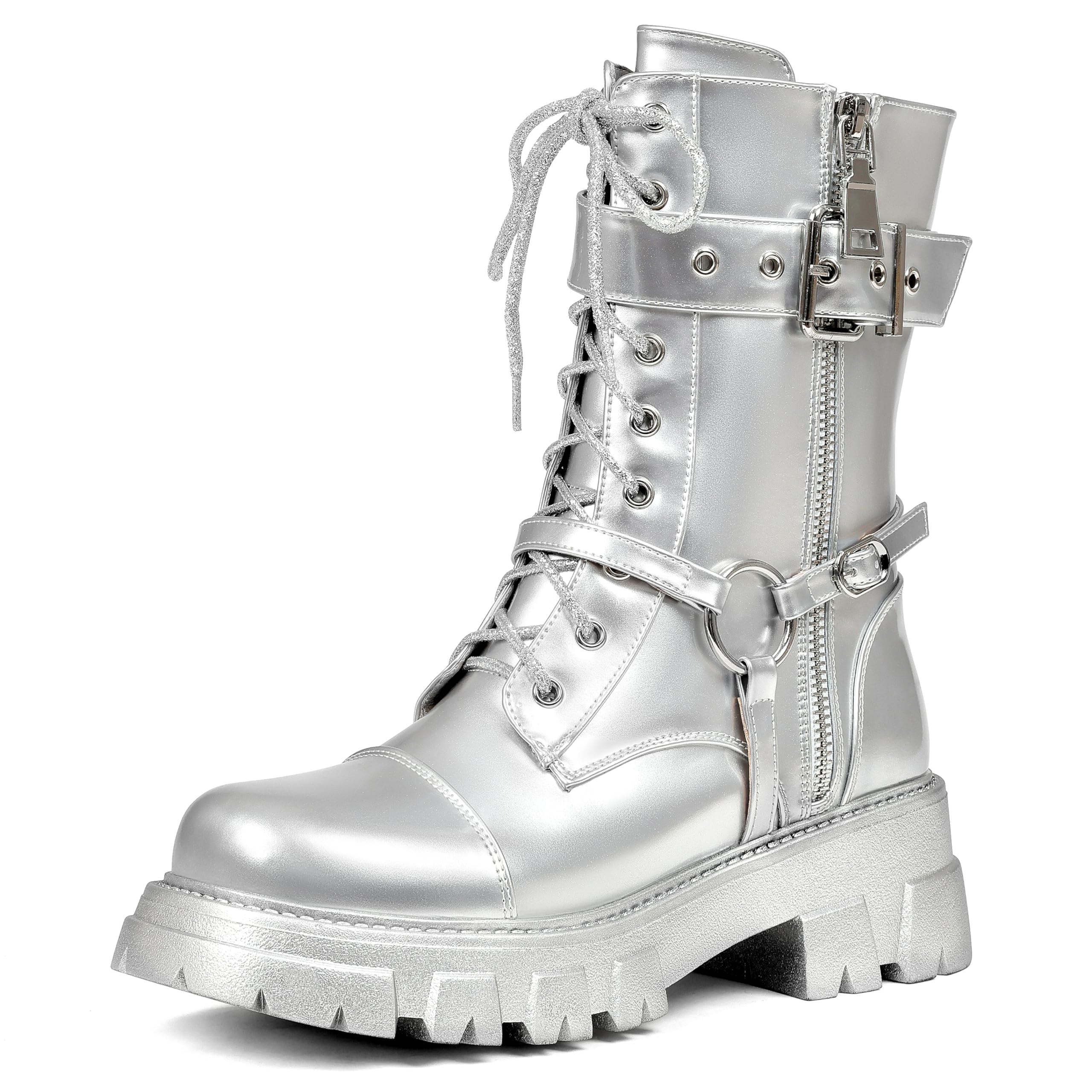 Women Harness Motorcycle Biker Boots Steampunk Combat Boots Chunky Mid Calf Goth Boots Lug Sole Lace up Side