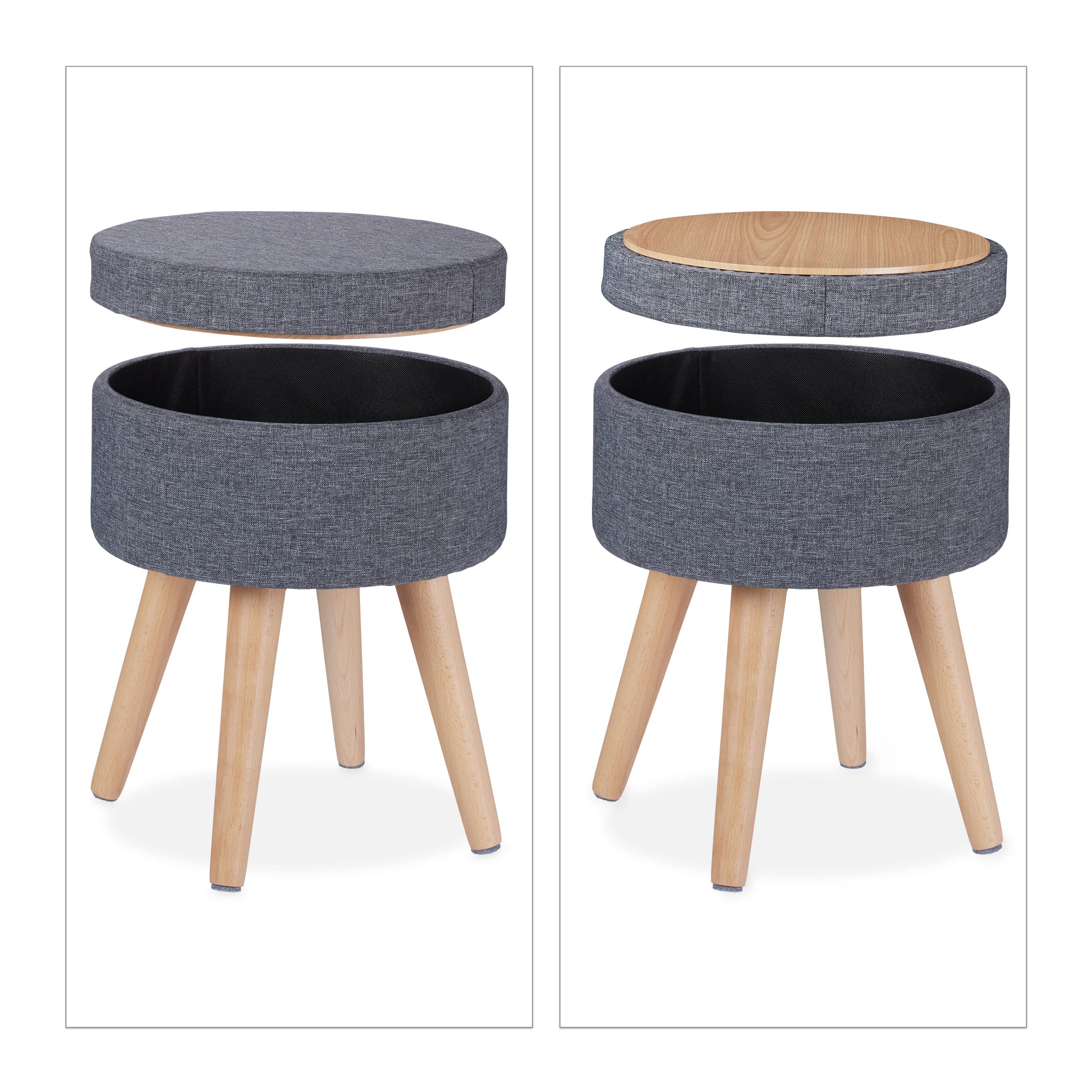 Relaxdays Taburete con Patas de Madera y Función de Mesa, Tapa Acolchada, con Almacenaje, 45,5 x 37 cm, Gris y Natural