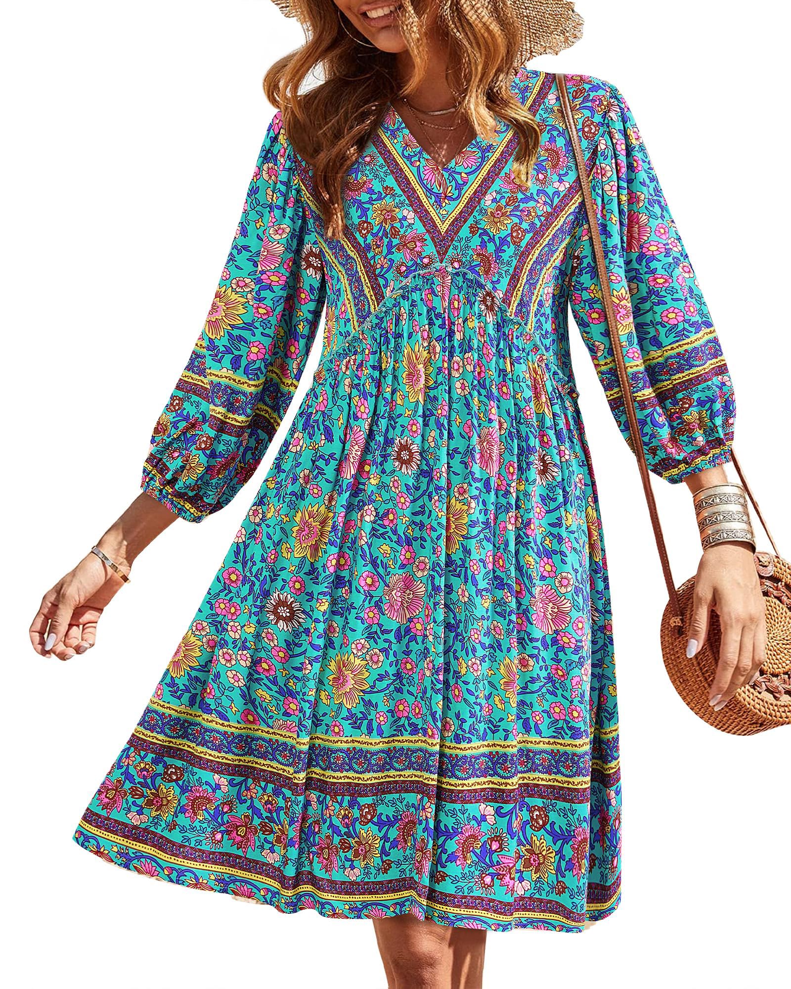 BTFBM Women Casual Spring Summer Dresses V Neck 3/4 Long Sleeve Ruffle Floral Flowy Boho Babydoll Mini Short Beach Dress