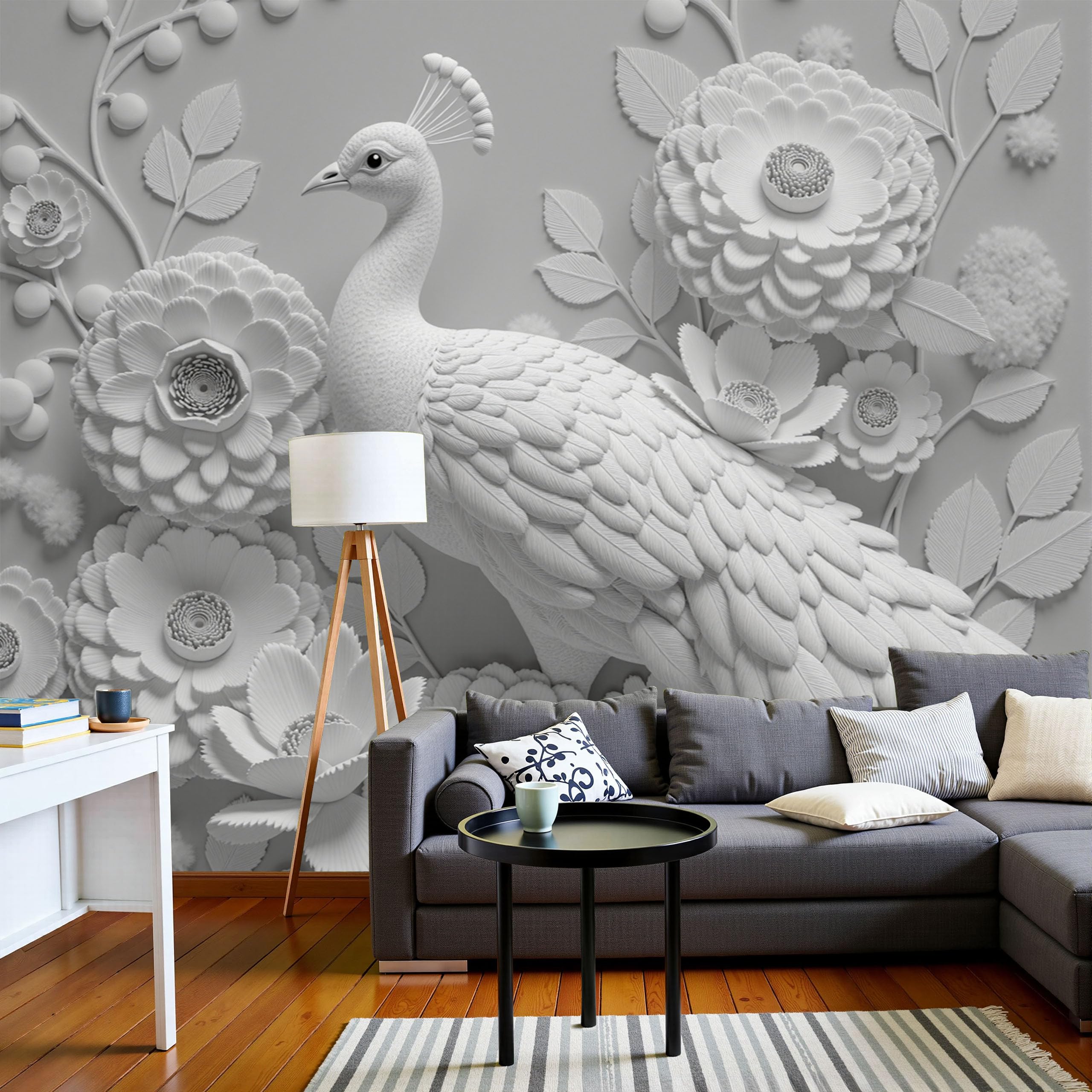 Papier peint panoramique paon blanc 450x315 cm pour masquer un grand mur terne