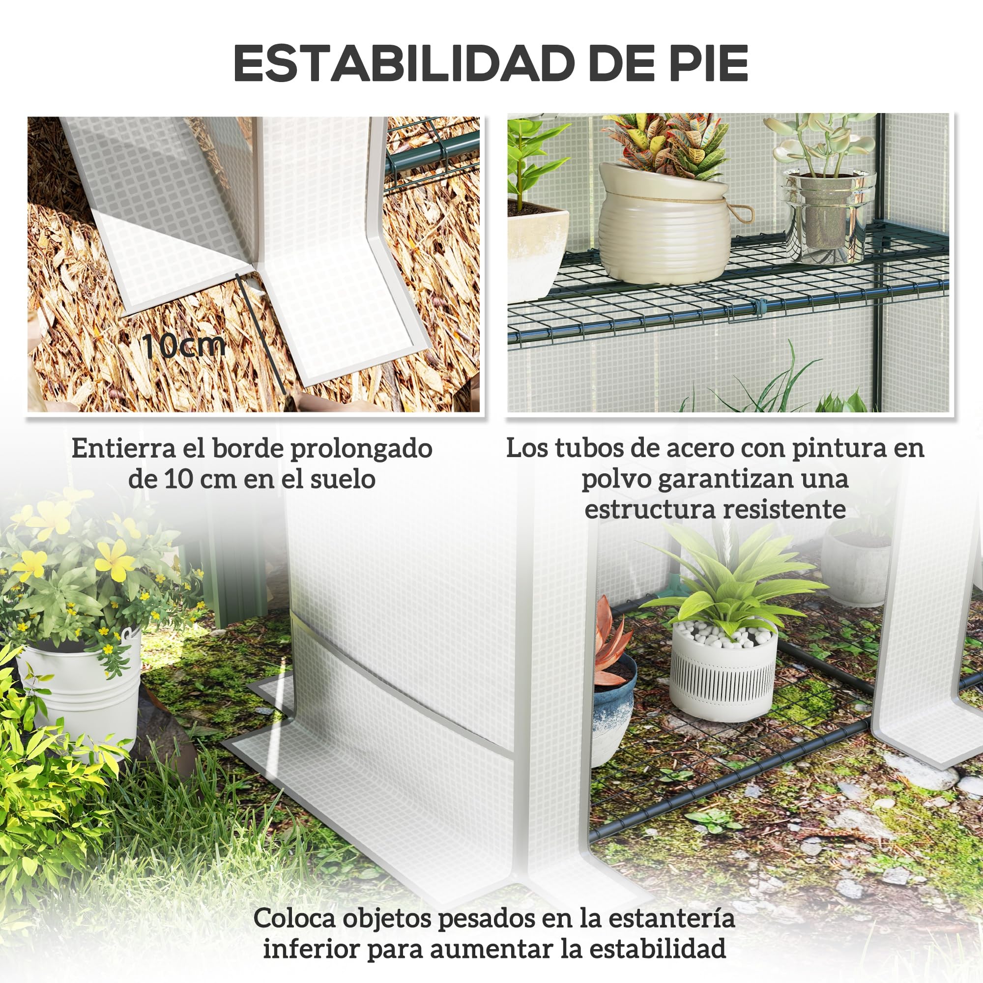 Outsunny Invernadero de Exterior con Techo Inclinado 144x48x152 cm Blanco | Invernadero Pequeño, 3 Estantes, 2 Puertas Enrollables, Cubierta de PE y Marco de Acero, para Cultivos Plantas Flores