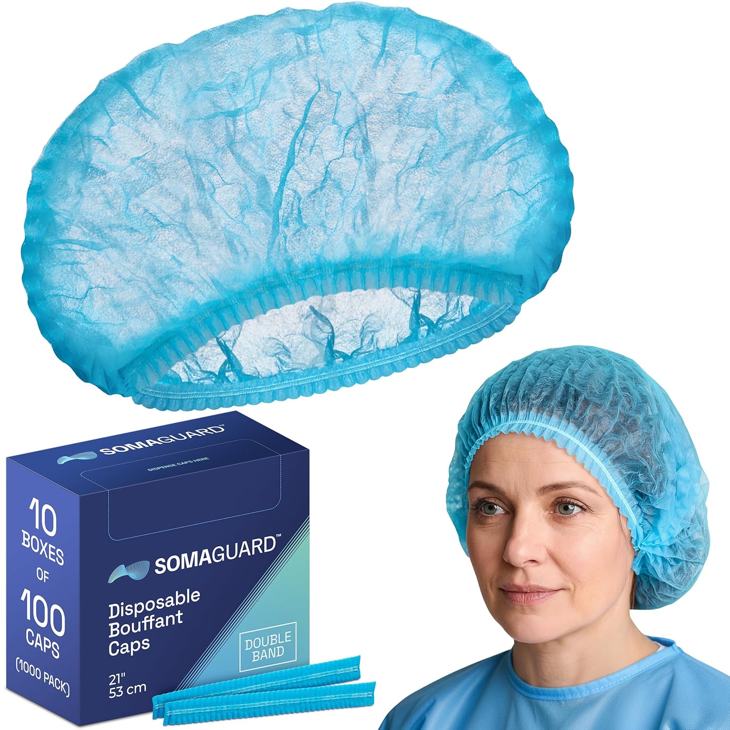 Bouffant Caps - Effective Protection - Comfort Fit - Dual Elastic Bands - Convenient Dispensing - Durable - Breathable - Gentle - Safe - 21" - Blue - 10 × 100 Caps (1000 Pack)