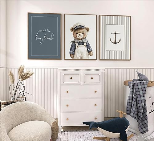 Miniatura 6 de BMFLFWXE Arte de pared náutico vintage para guardería, póster de lienzo costero para niños, oso de peluche, cuadros de marinero, azul marino, velero