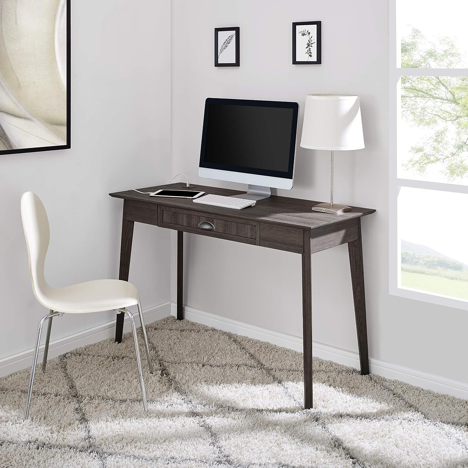 Newport Series Home Office Computer Writing Desk with Fully Extended Drawer | Laptop PC Workstation with USB Hub | Sturdy and Stylish | Easy Assembly| Smoke Oak Wood Look Accent Living Room Furniture