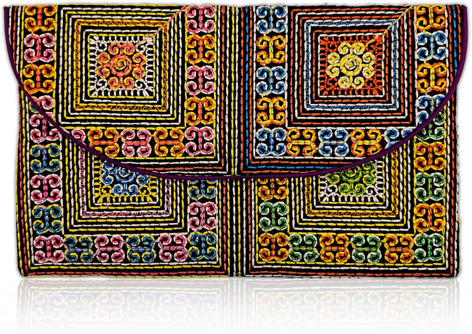 Sabai Jai Embroidered Magnet Snap Clutch Envelope Wallet for Women - Cute Colorful Ethnic Boho Accessory Organizer Money Holder Bag (Mini Spirals)