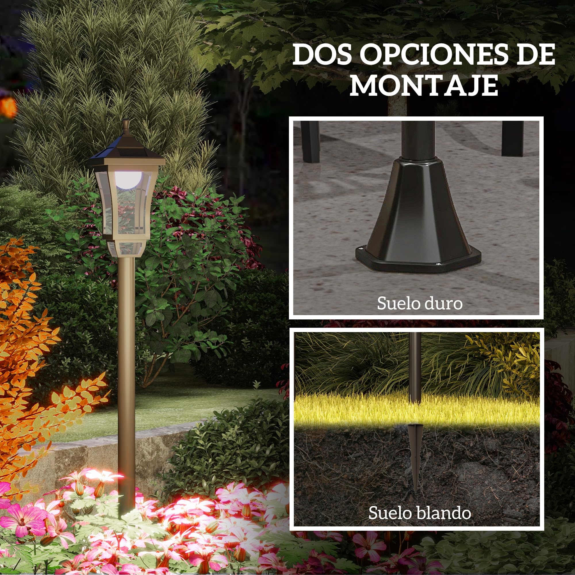 Outsunny Farola Solar Luz Solar de Exterior con Panel Solar Encendido y Apagado Automático IP44 para Terraza Patio 15x15x127 cm Negro